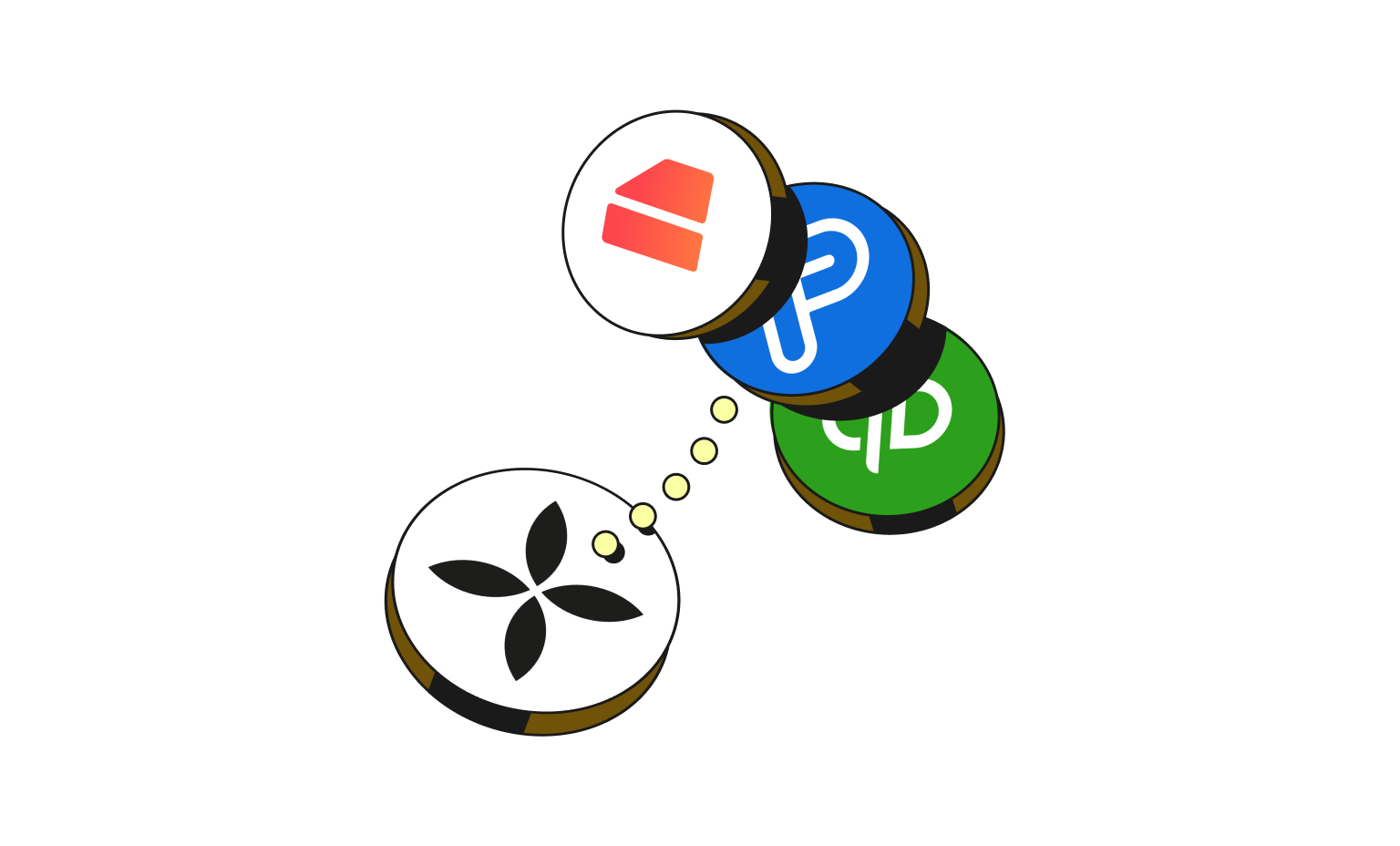 Integraciones de encabezados de Bento con tarjetas mostaza de flujo WEB, Holded Payfit Quickbooks