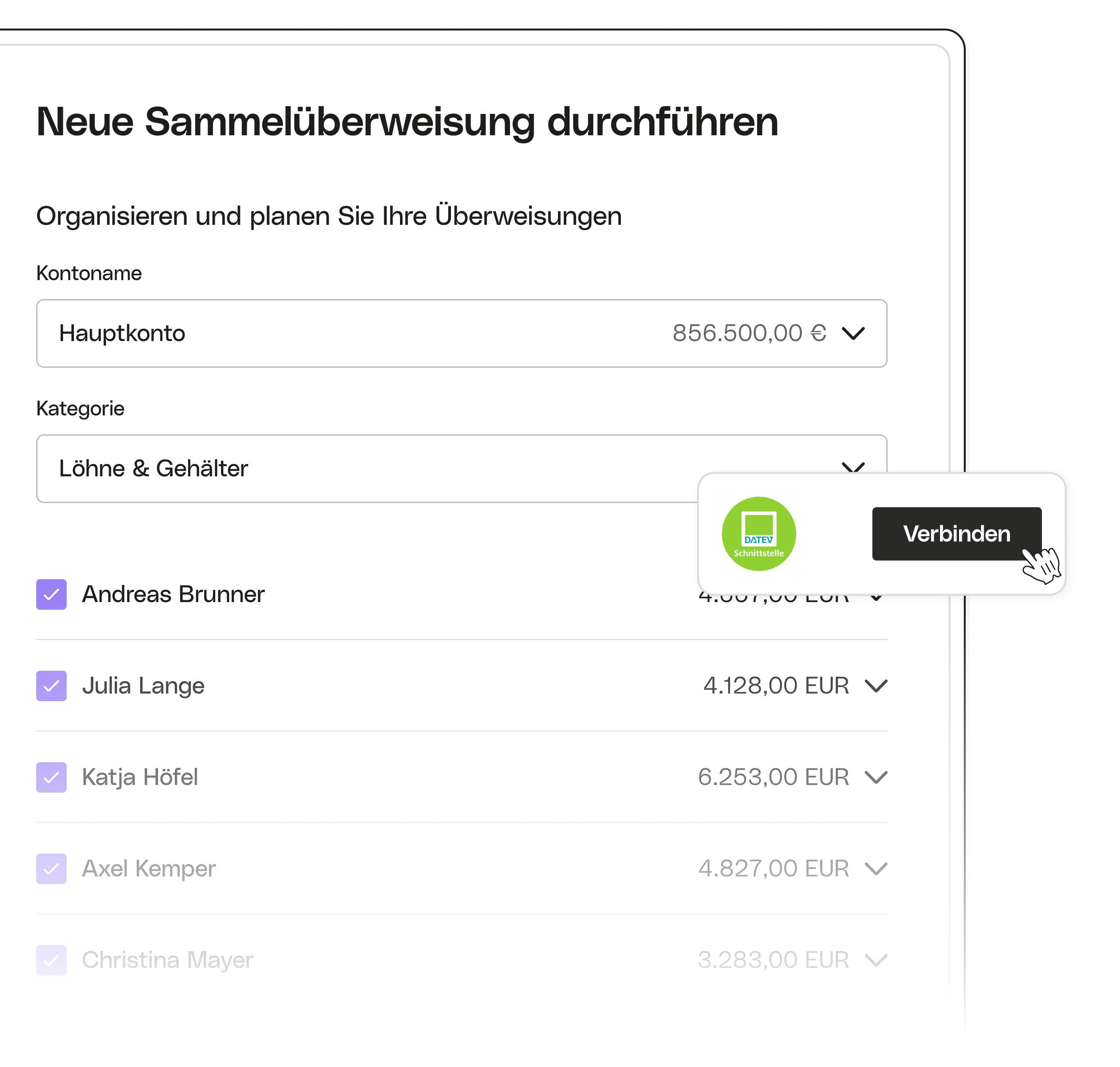 UI-Themenhervorhebung Erweiterte Massenübertragungen Agicap Connect