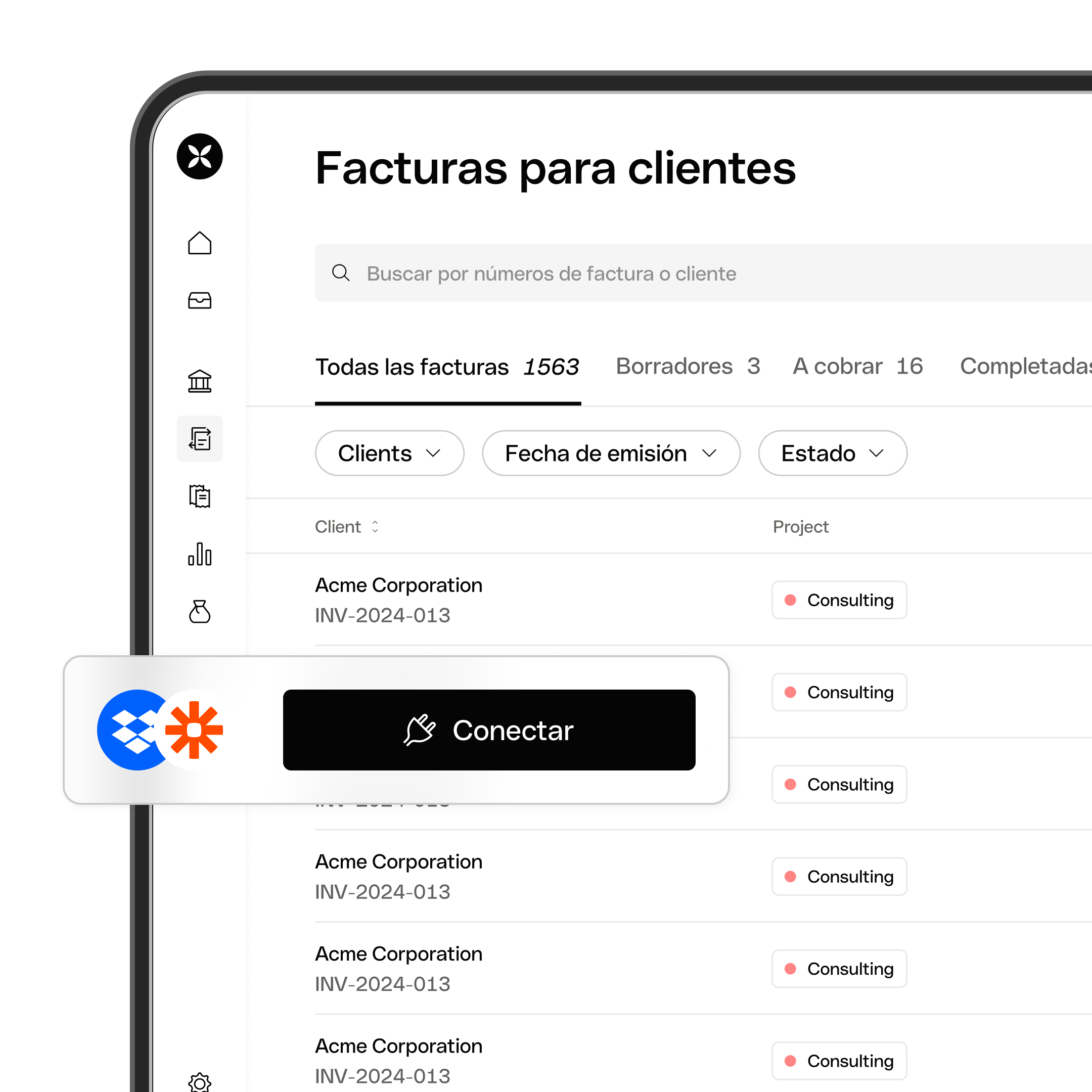 Conexión API de facturas del panel de control de temas destacados de la interfaz de usuario