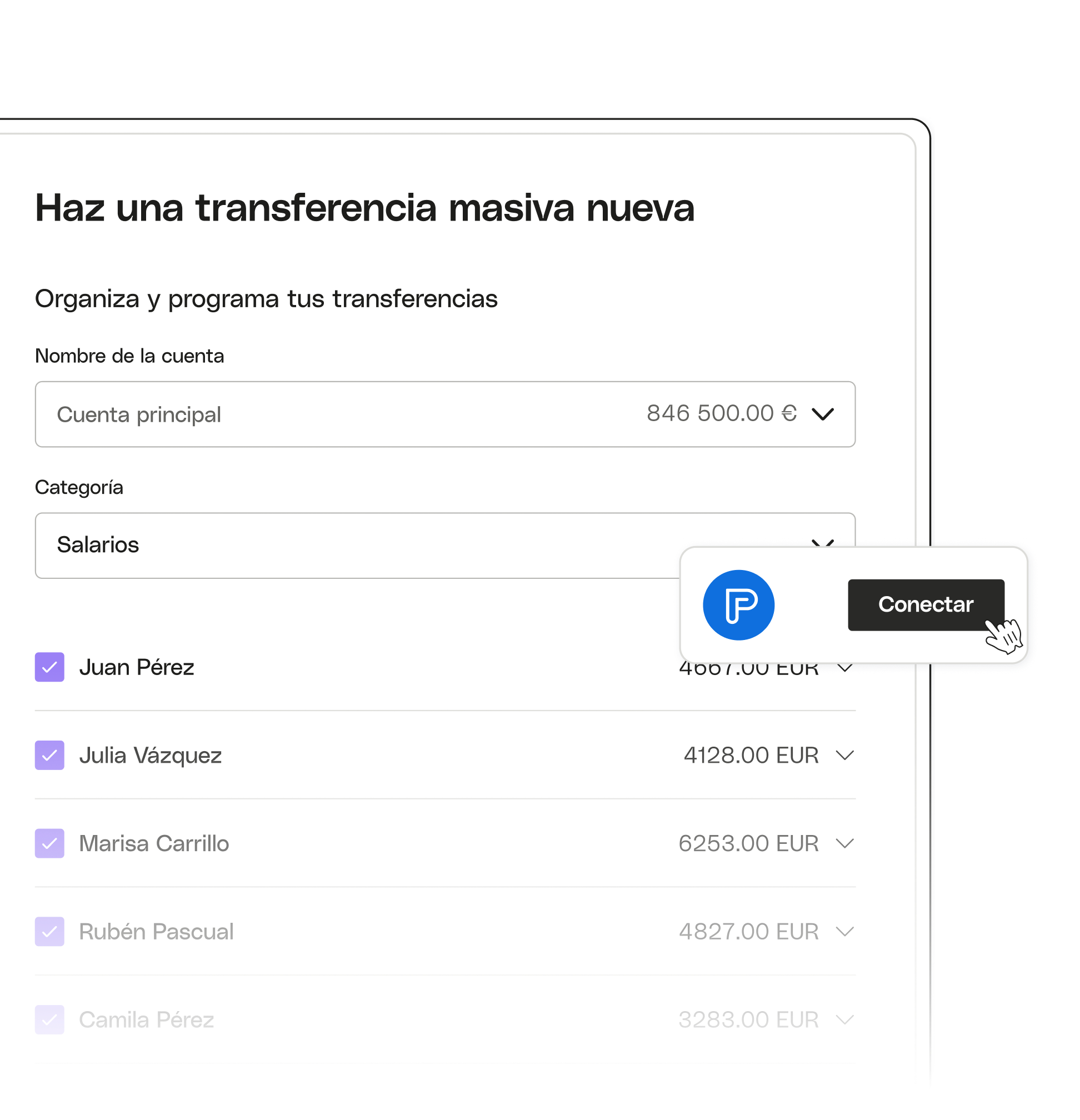 Tema destacado de la interfaz de usuario Transferencias masivas avanzadas Agicap Connect