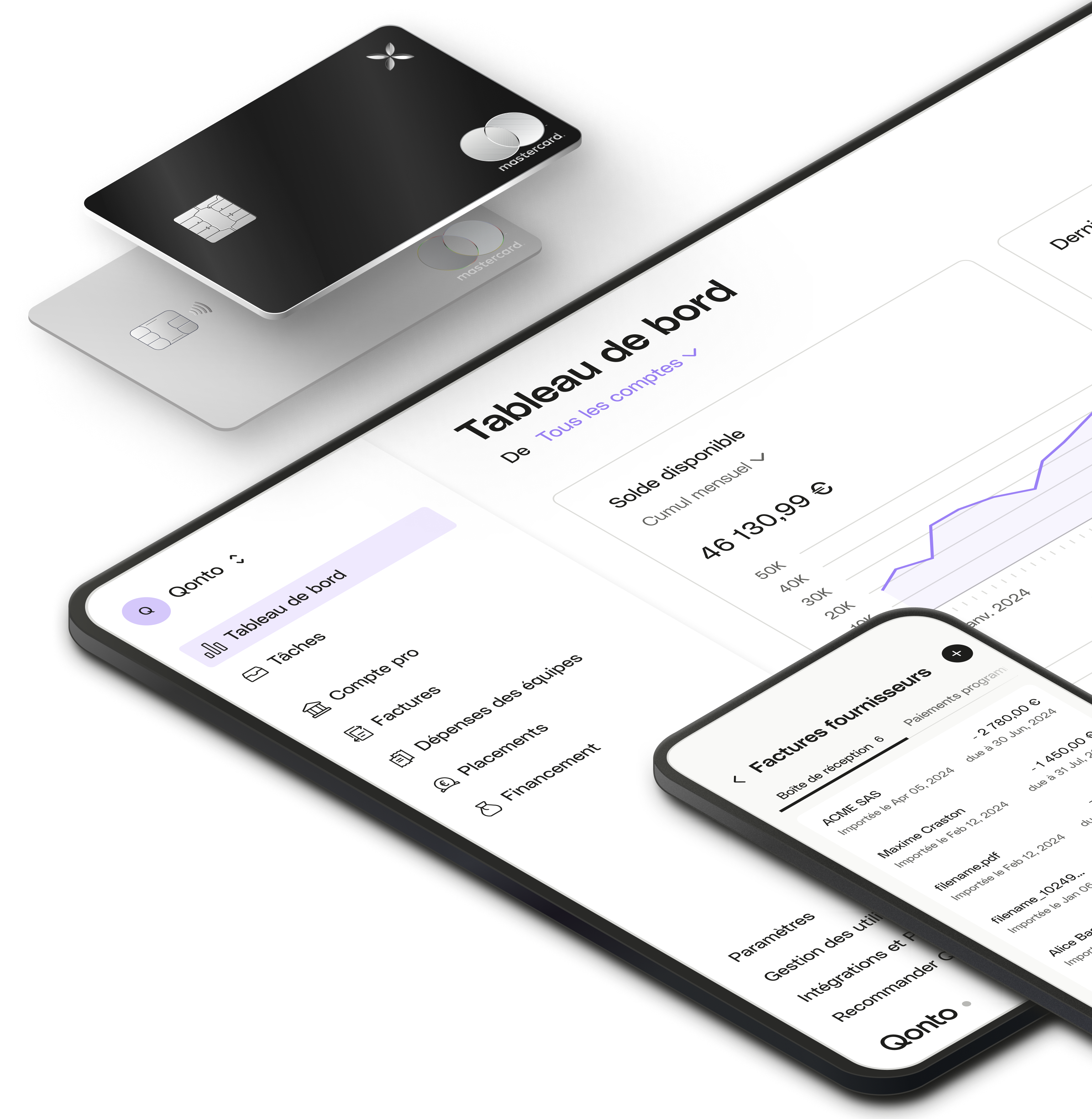 Purple UI Hero XCard PlusCard Tableau de bord Factures fournisseurs Composition mobile