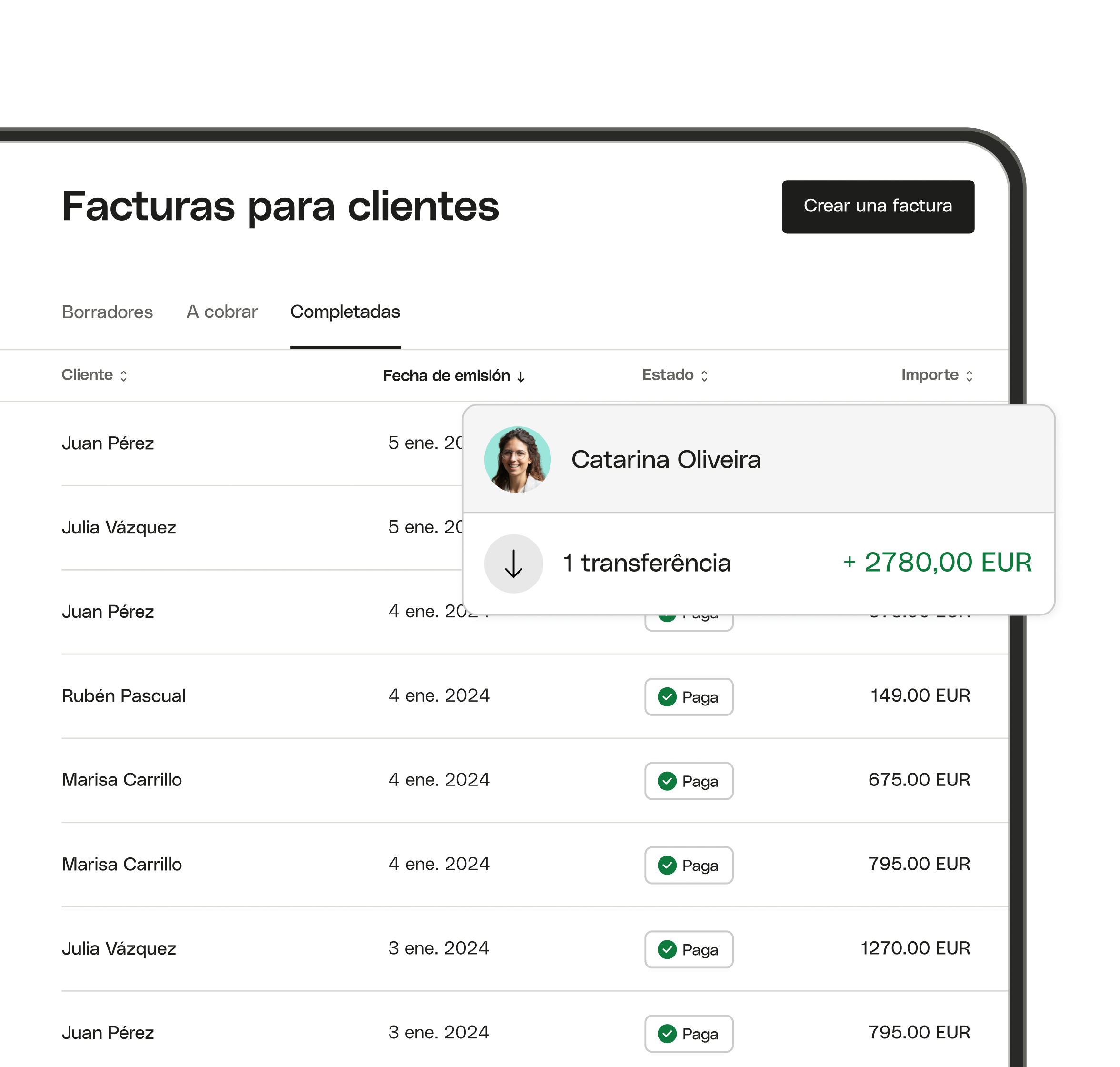Tema destacado de la interfaz web de Héroe: Facturas de clientes de Bento que coinciden con la transacción
