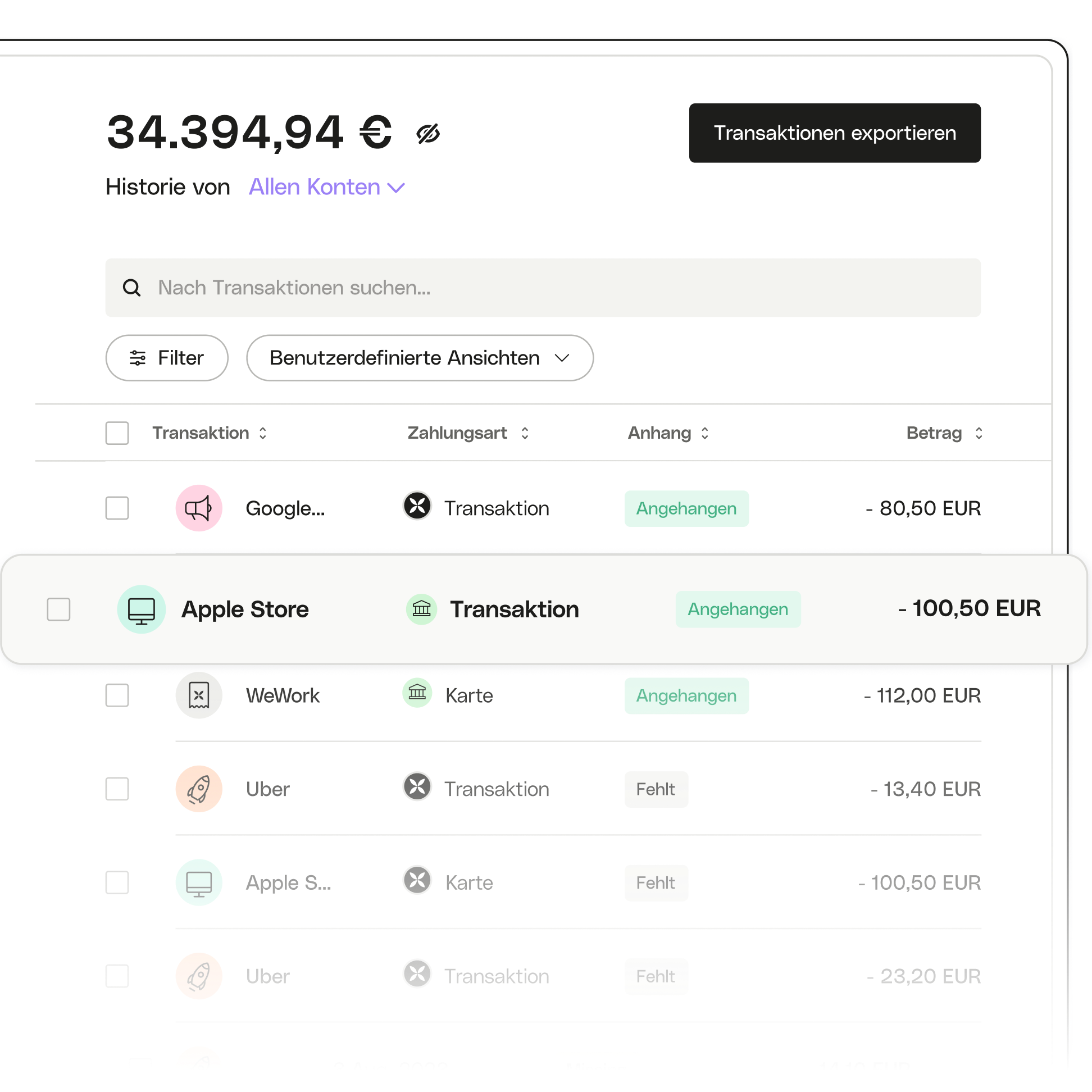 Weißes Ui-Thema hebt erweiterte Transaktionen hervor