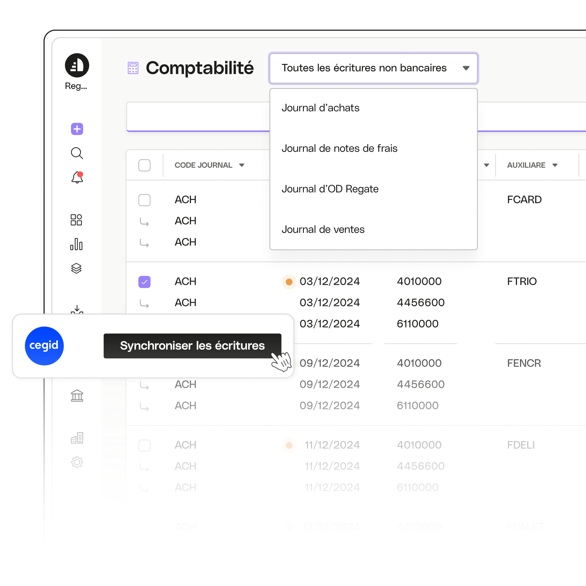 Rubrique UI Advanced Regate Accountant Intégrations comptables Cegid