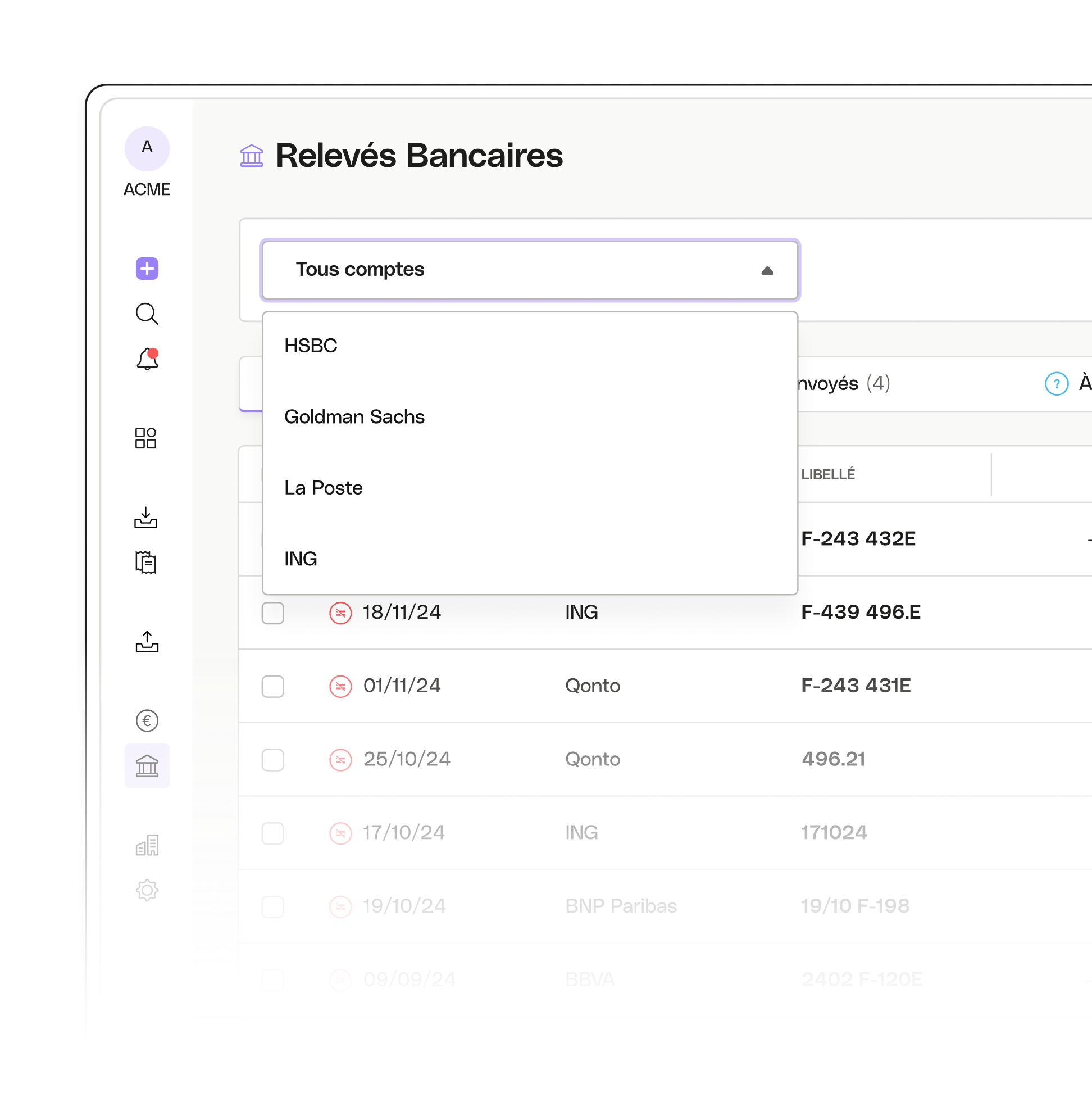 Rubrique d'interface utilisateur Mise en surbrillance Avancé Regate Comptes de relevé bancaire Menu déroulant