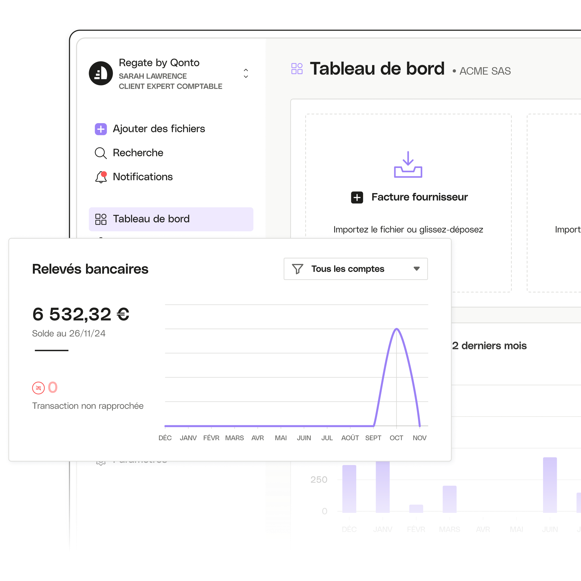 Sujet d'interface utilisateur en surbrillance Tableau de bord avancé du comptable Regate Relevés bancaires Gros plan