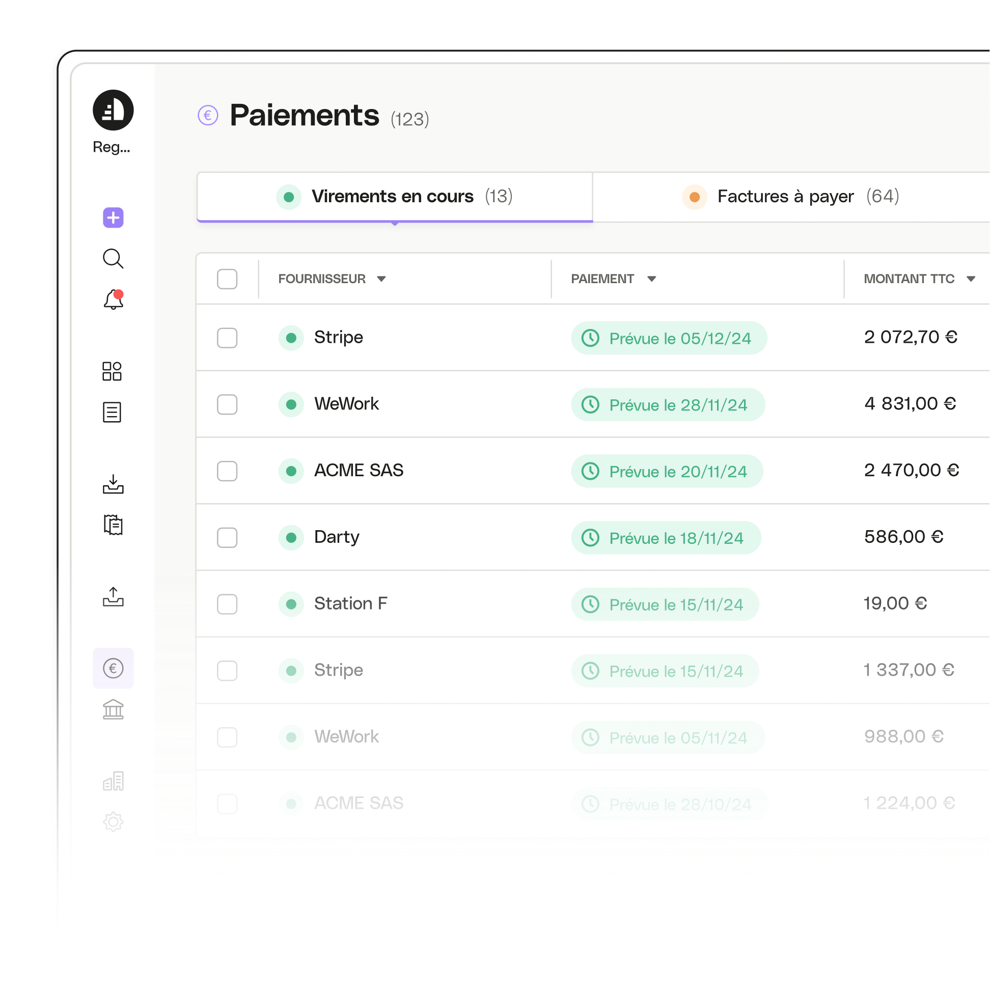 Rubrique de l'interface utilisateur Mise en surbrillance Avancé Paiements en cours Gros plan