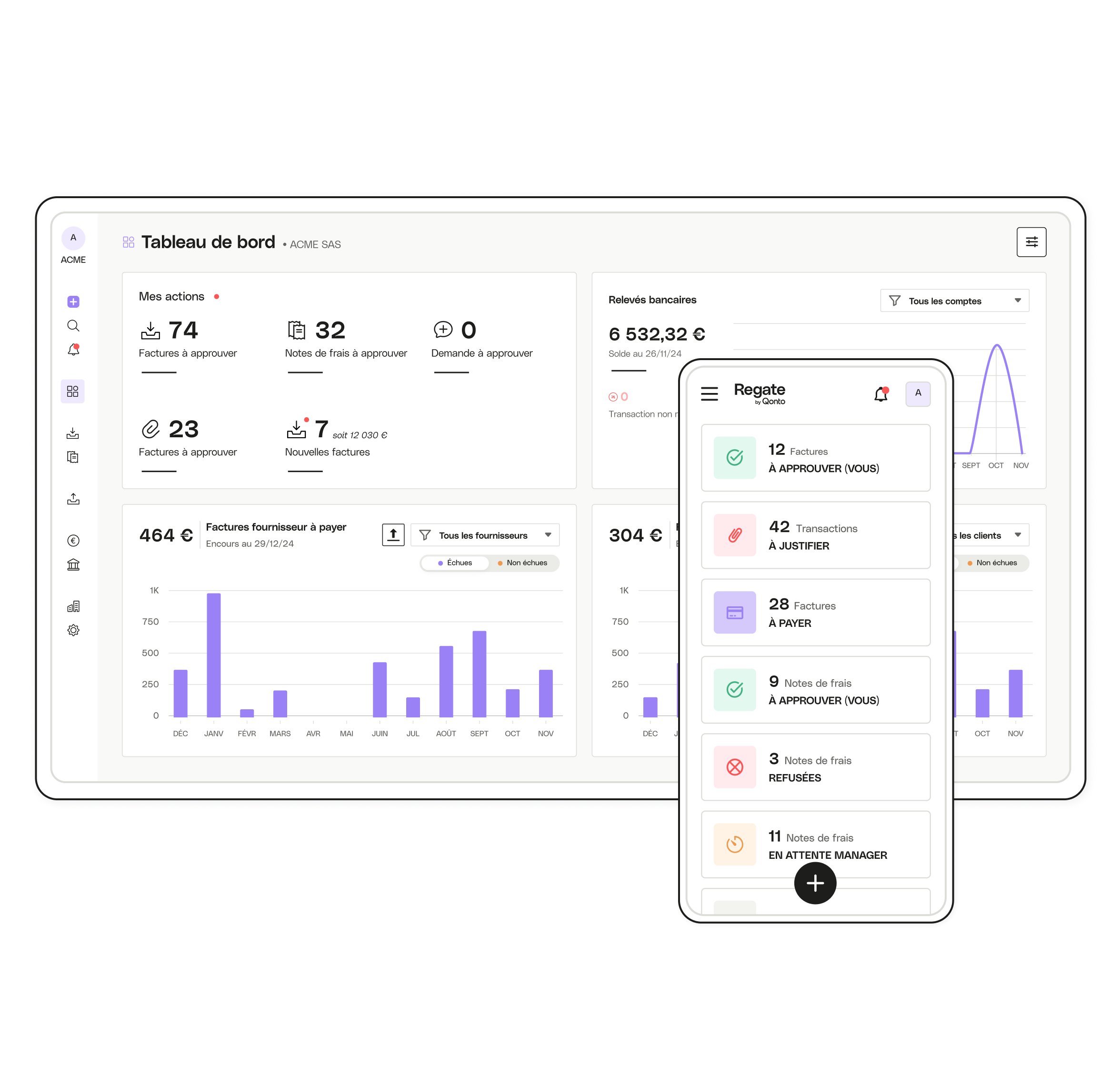 Tableau de bord client UI Hero Regate pour ordinateur de bureau et mobile