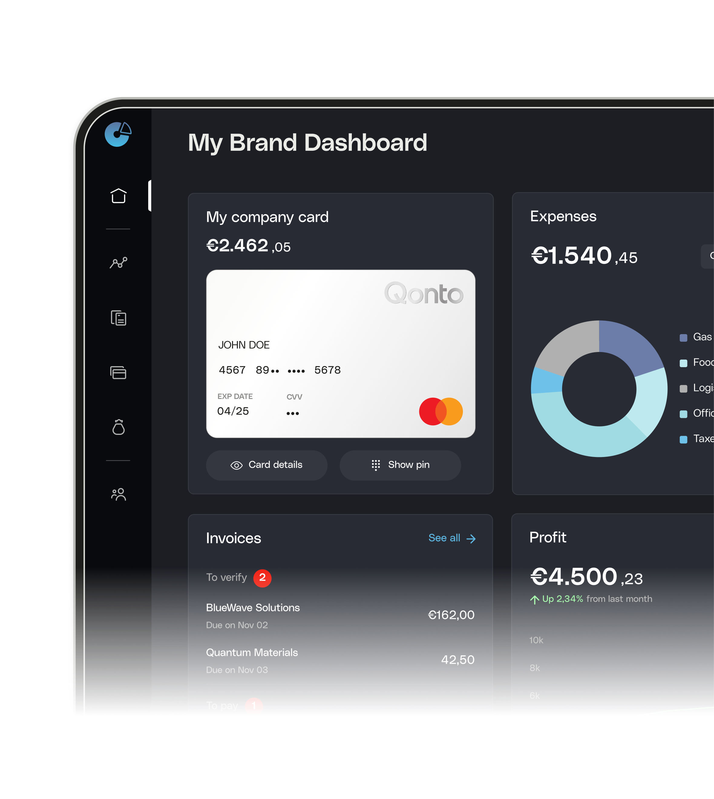 Black UI Bento Cards Qonto Embed Dashboard