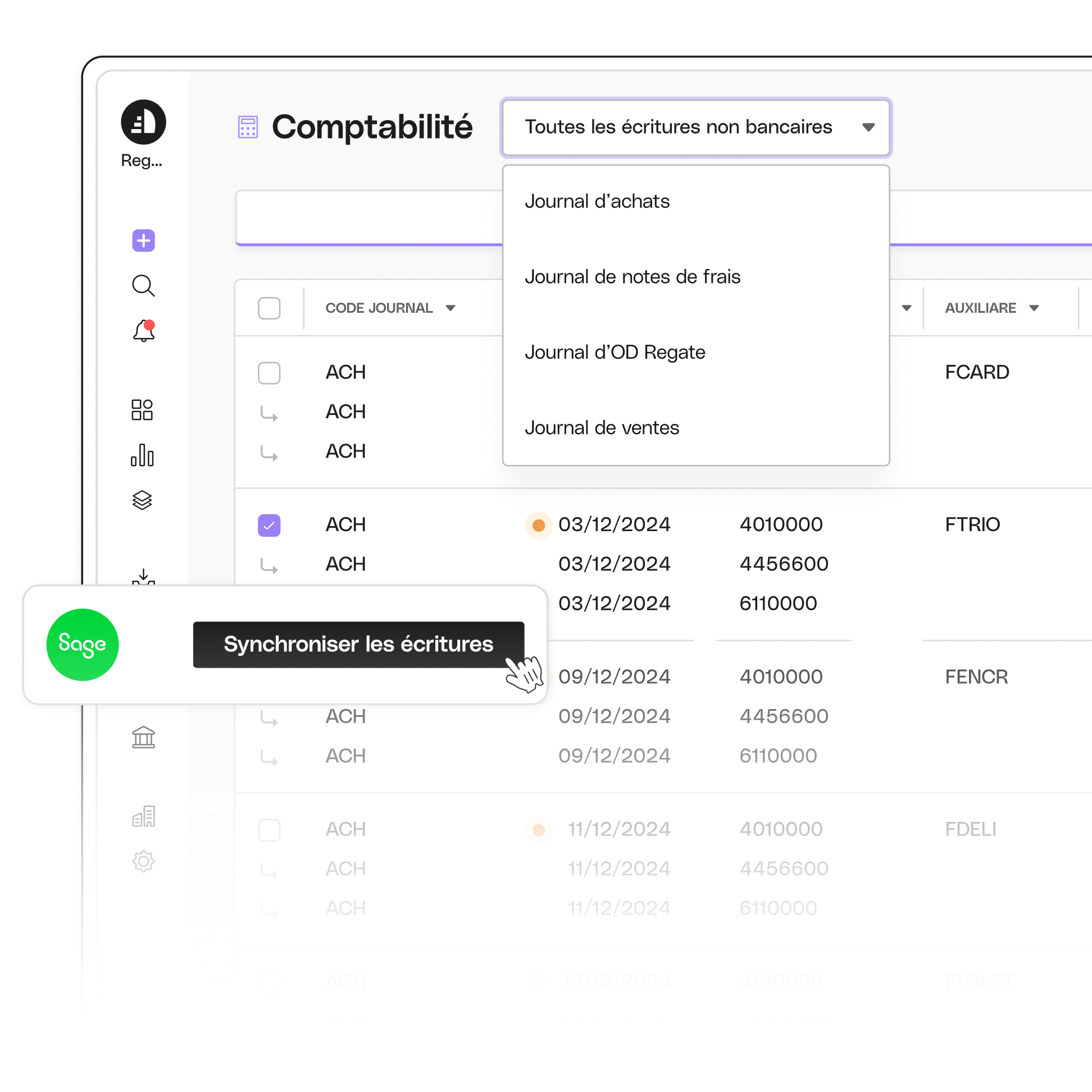 Thème de l'interface utilisateur en surbrillance Intégrations comptables Regate Sage