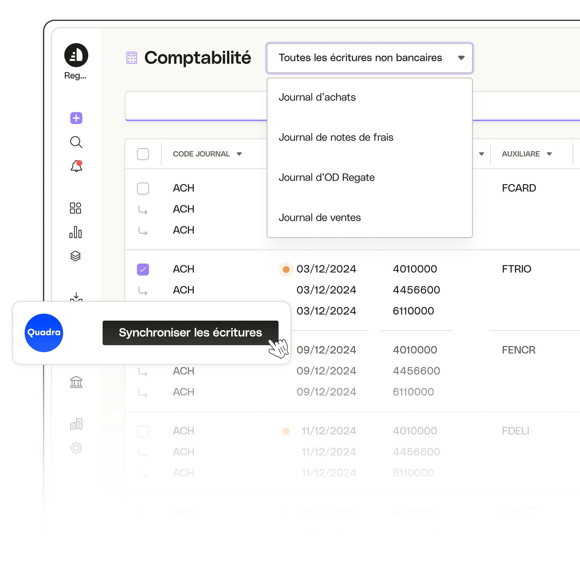 Sujet d'interface utilisateur en surbrillance Intégrations comptables avancées Regate Quadra