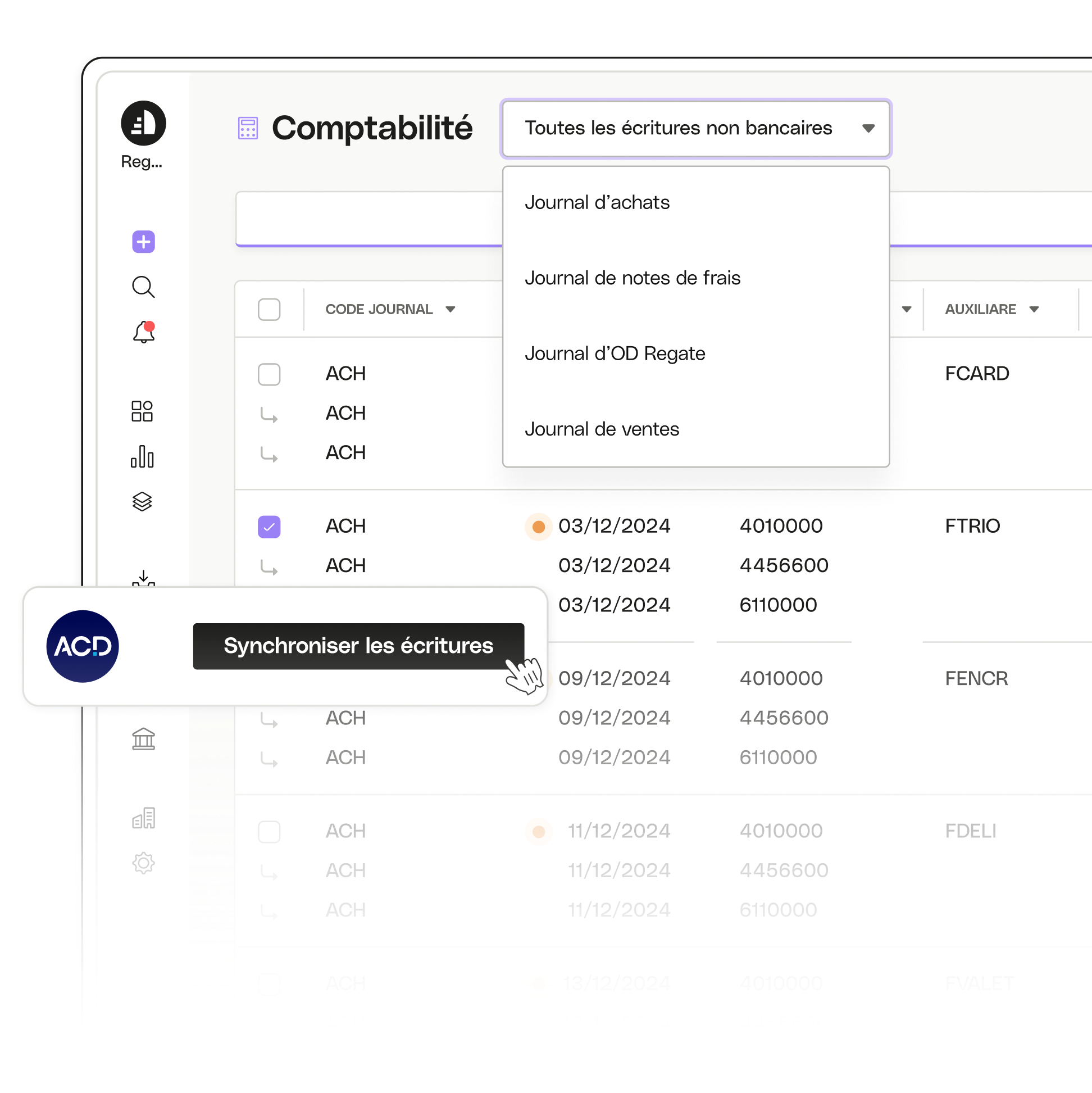 Sujet d'interface utilisateur en surbrillance Intégrations comptables avancées Regate ACD