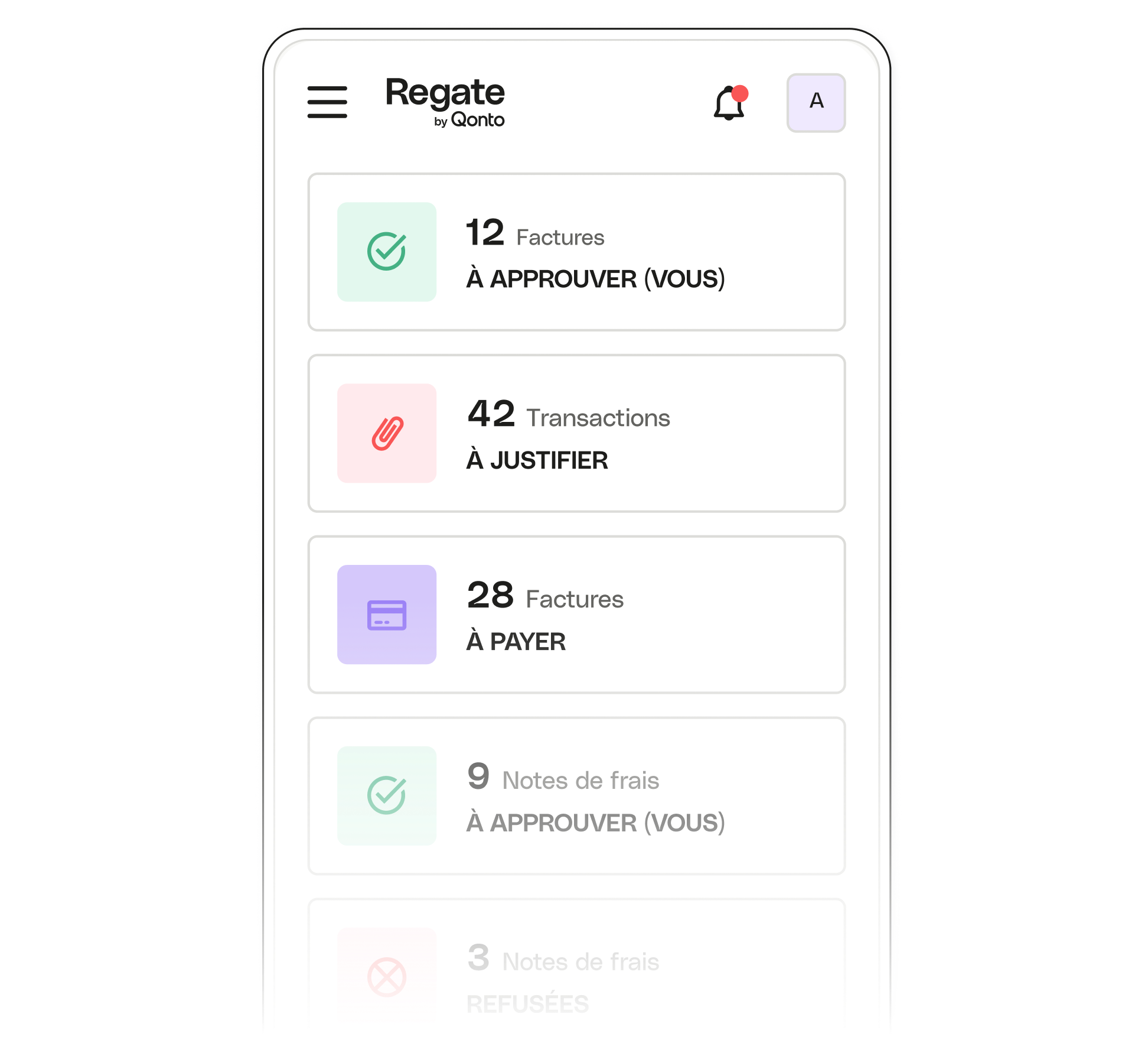 Tableau de bord mobile de Regate en surbrillance des sujets de l'interface utilisateur