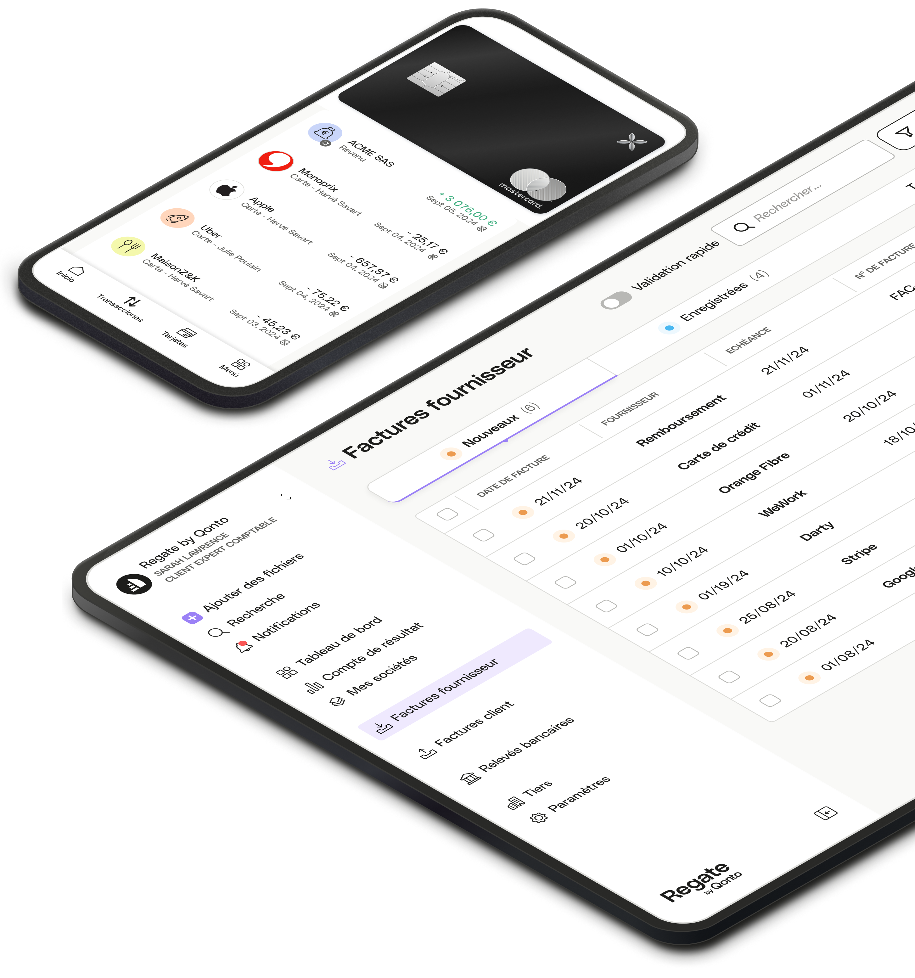 Maquette d'interface utilisateur Parallax Regate Qonto Dashboard XCard Mobile