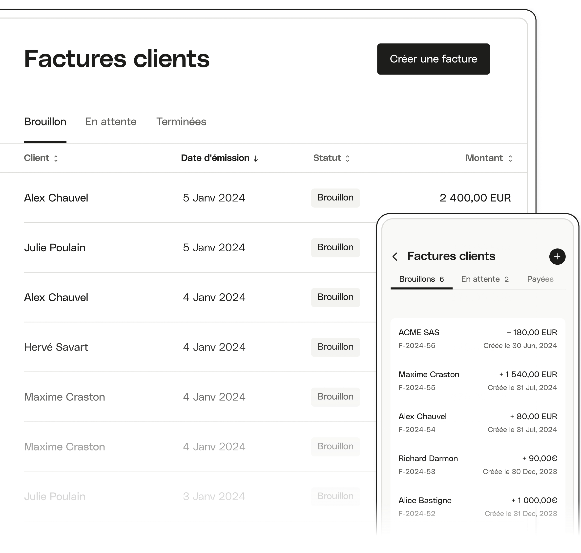 Factures client UI Hero, ordinateur de bureau, mobile