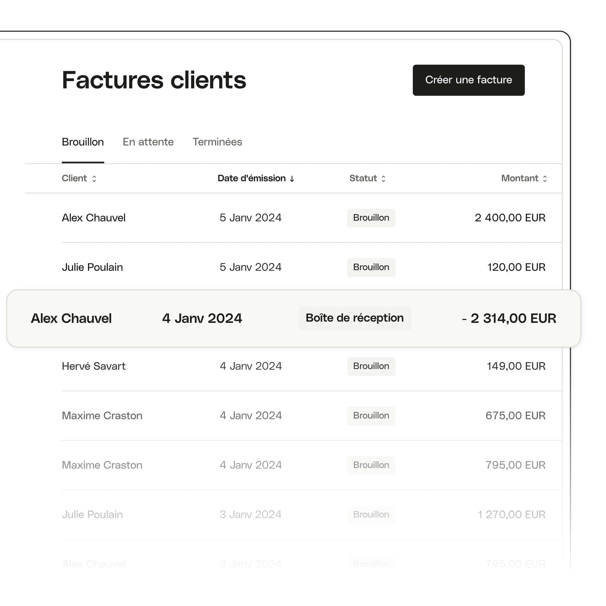 Rubrique d'interface utilisateur en surbrillance Factures client avancées