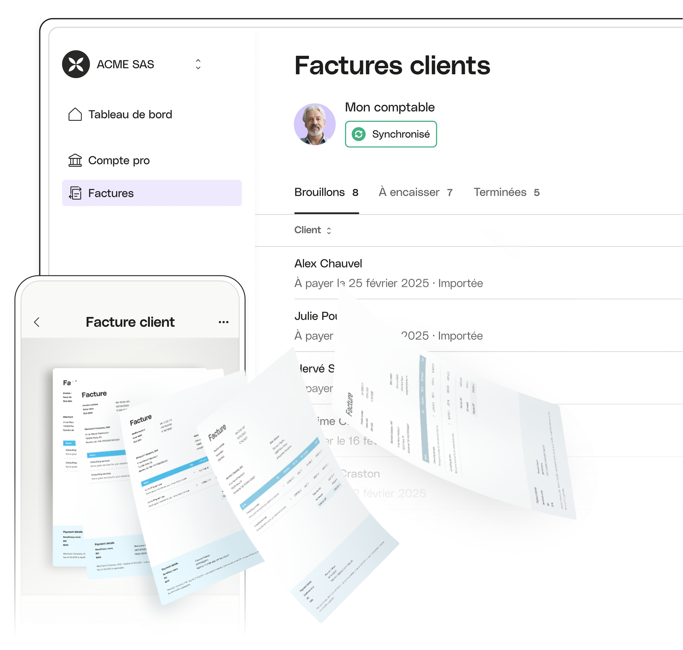 UI Hero Qonto Facturation Clients Factures Bureau Mobile