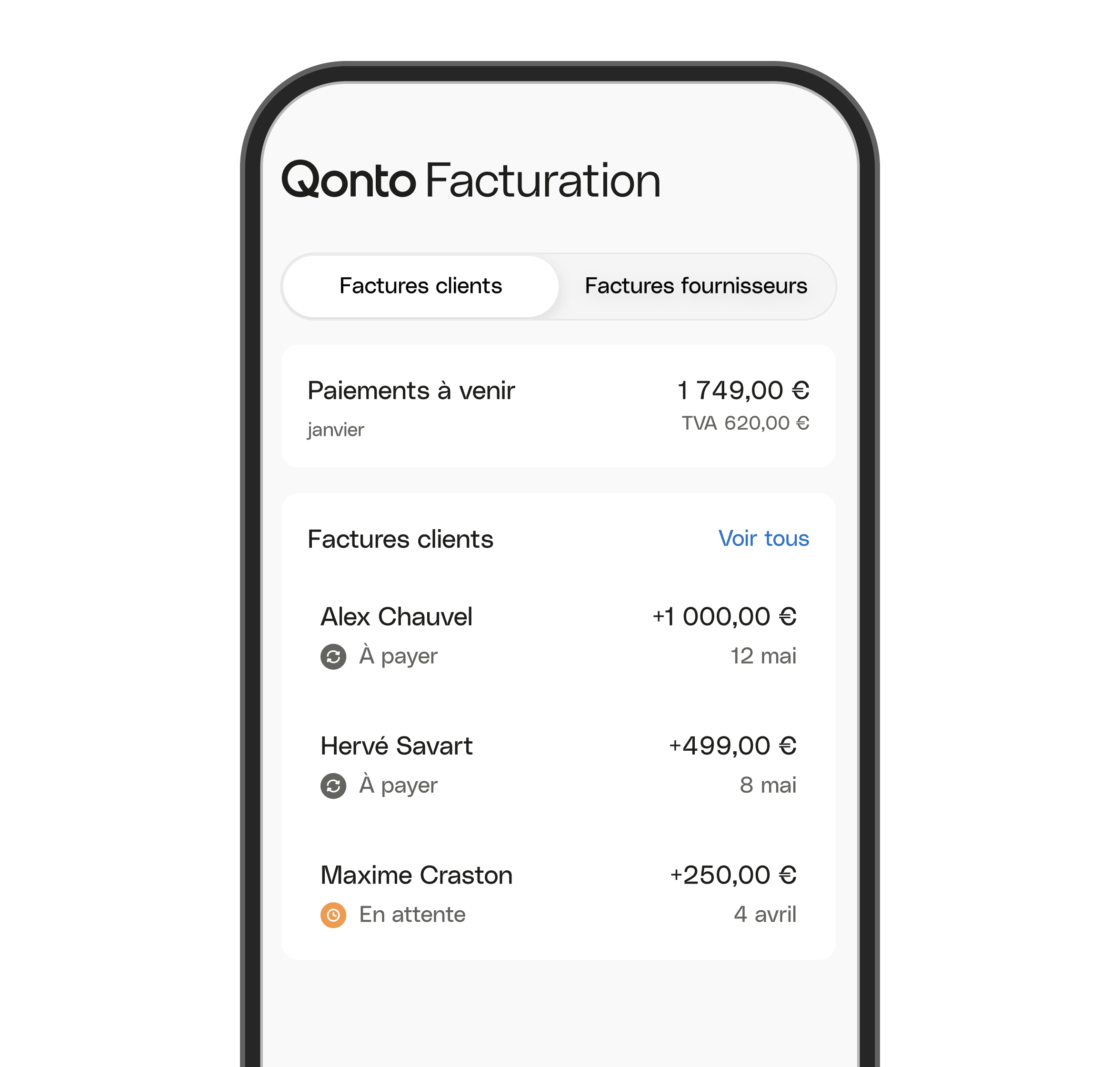 Sujet de l'interface utilisateur : Facturation Qonto : Clients : Factures : Bureau : Mobile