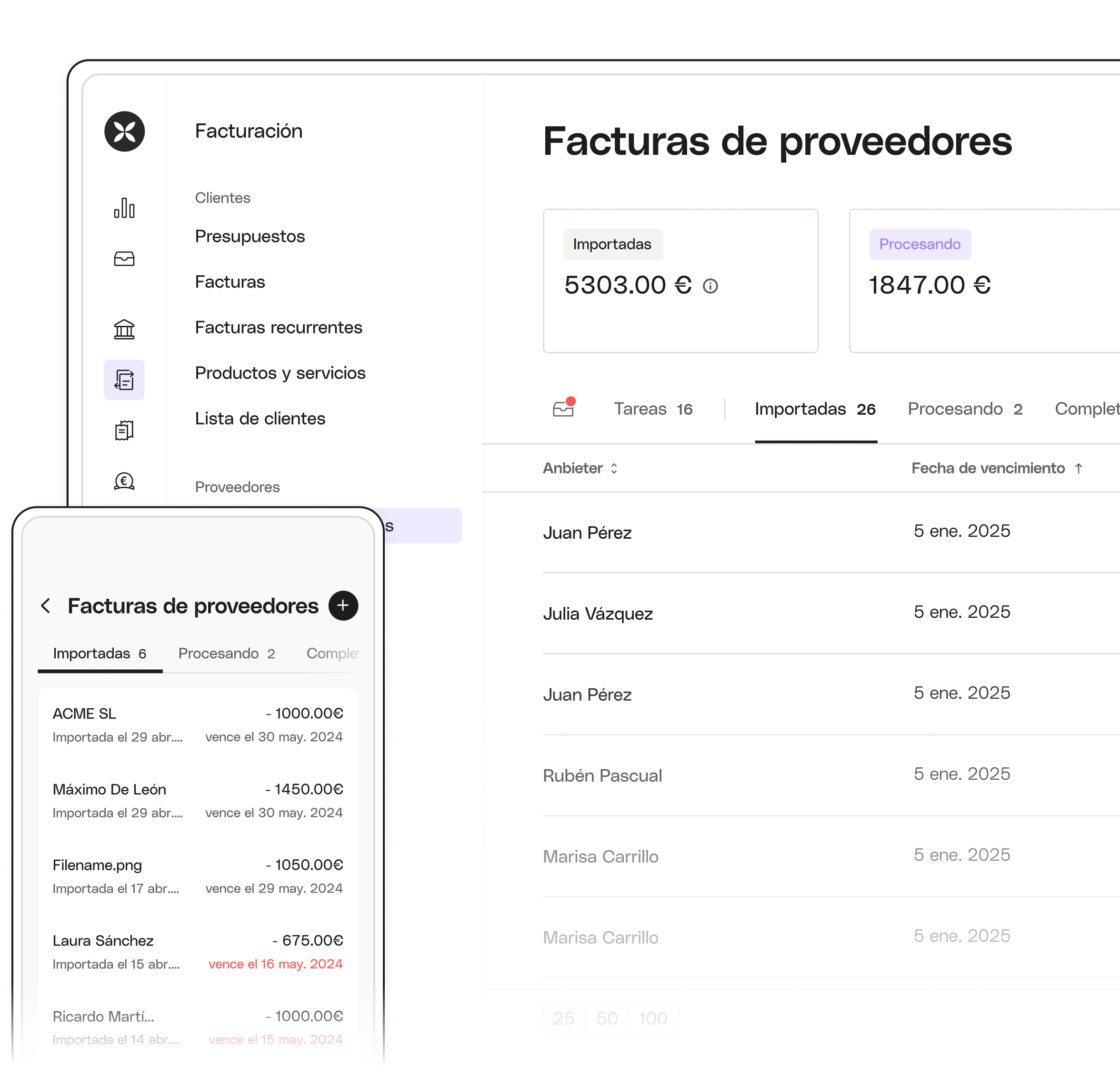 Facturas de proveedores de UI Hero Desktop Mobile