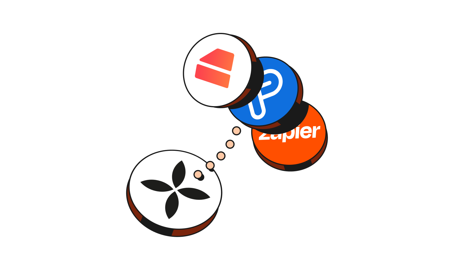 Integraciones de encabezados de Bento, tarjetas Peach, WEB Flow y Holded Payfit Zapier