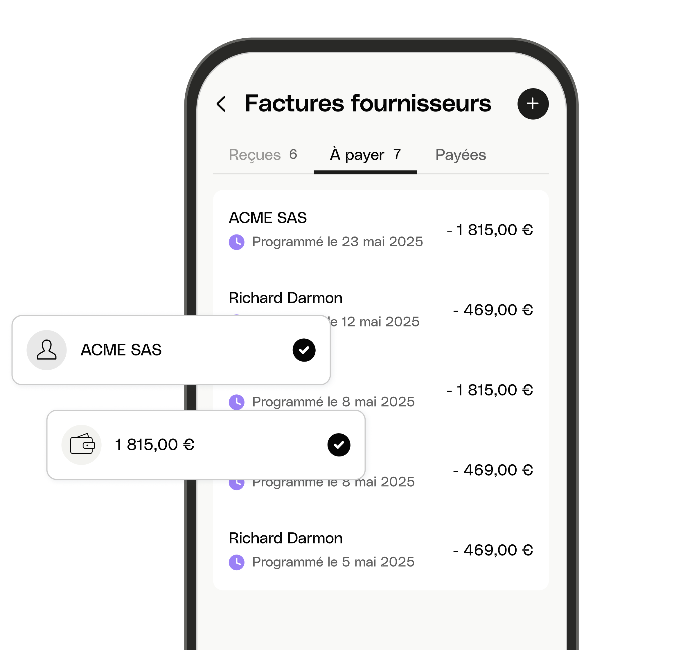 Interface utilisateur Web : Sujet principal : Facture fournisseur Bento Mobile, paiements programmés