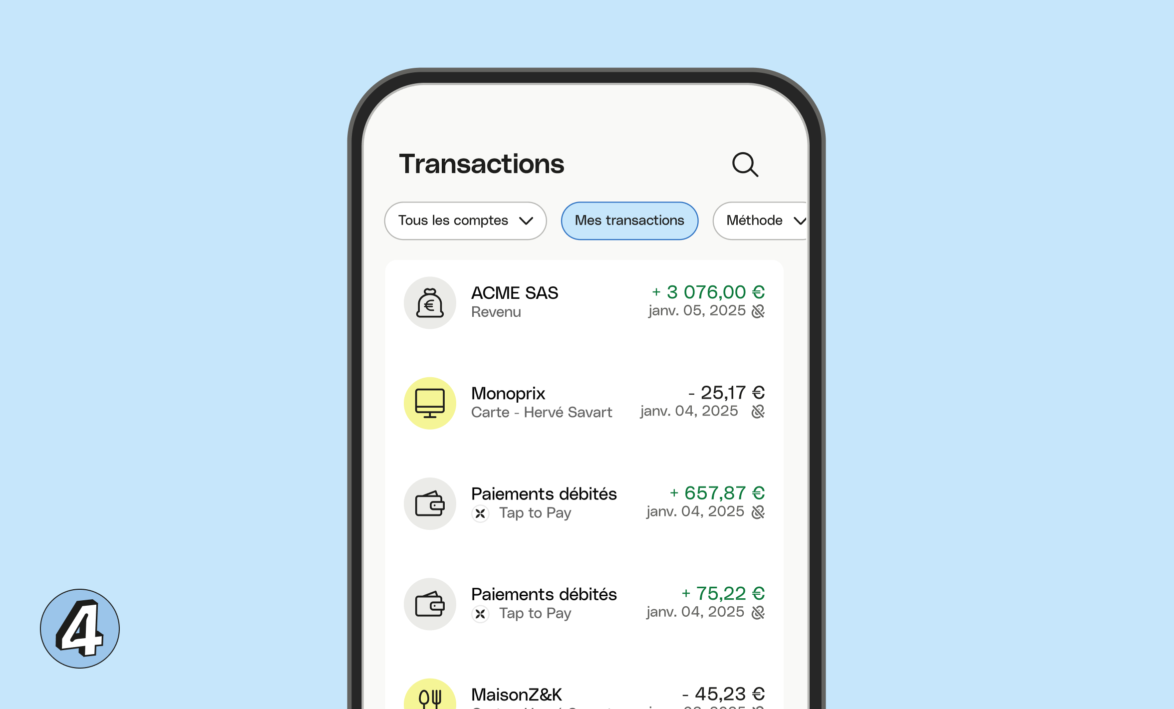Interface utilisateur Web Blueberry Cards Bento Titre Transactions Appuyez pour payer