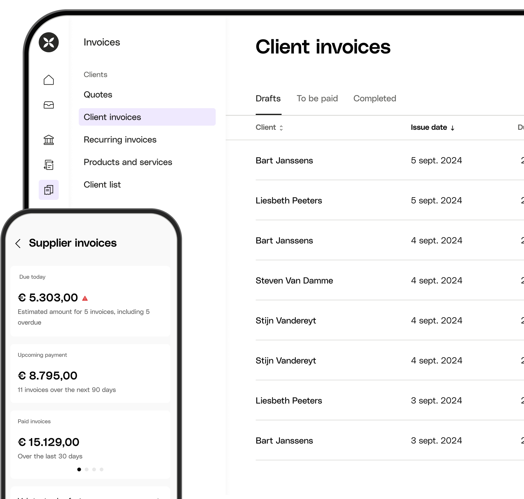 WEB BE NL UI Hero TopicHighlight Bento Dashboard Supplier Invoices Client Invoices