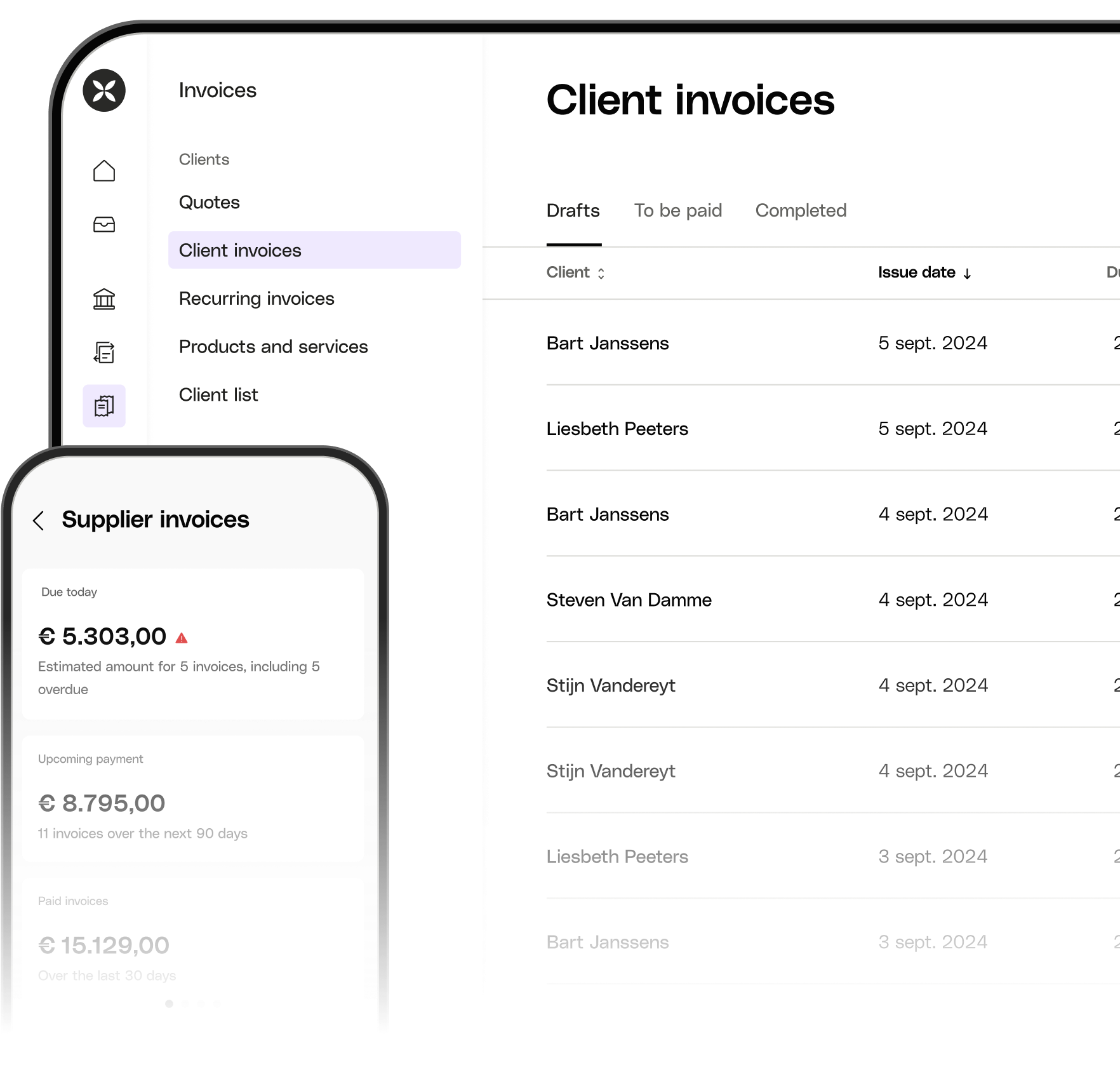WEB BE NL UI Hero TopicHighlight Bento Dashboard Supplier Invoices Client Invoices