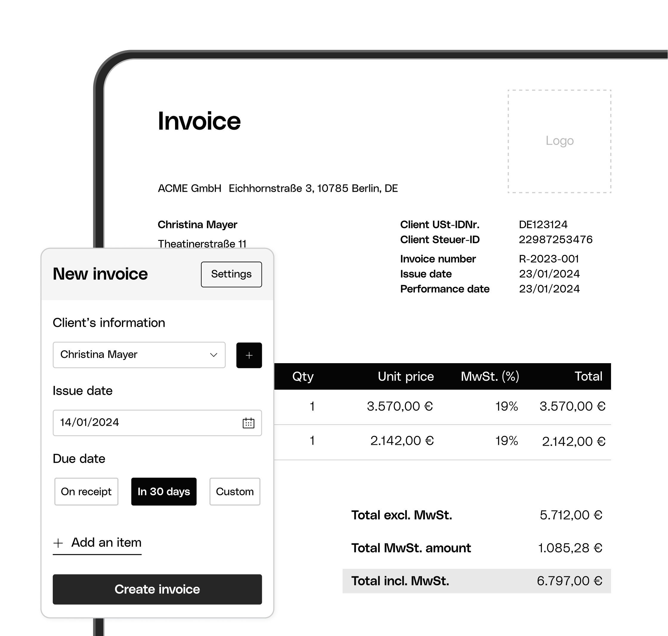 WEB ENDE UI Hero TopicHighlight Bento Invoice Creation