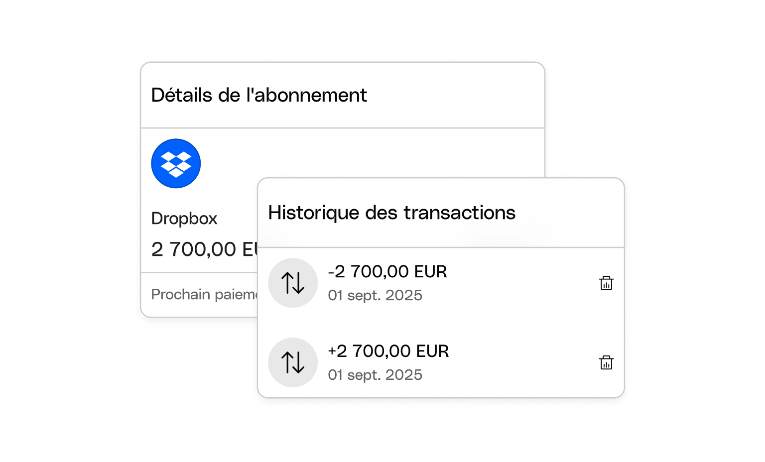 Cartes d'interface utilisateur Web Bento Headline Historique des transactions d'abonnement