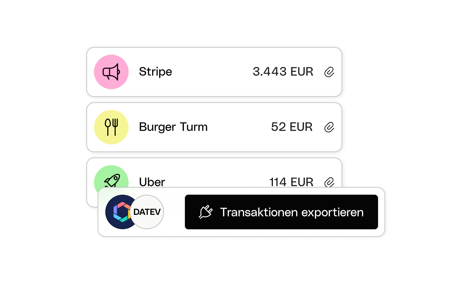 WEB UI Karten Bento Transaktionen Integrationen Zeit DATEV