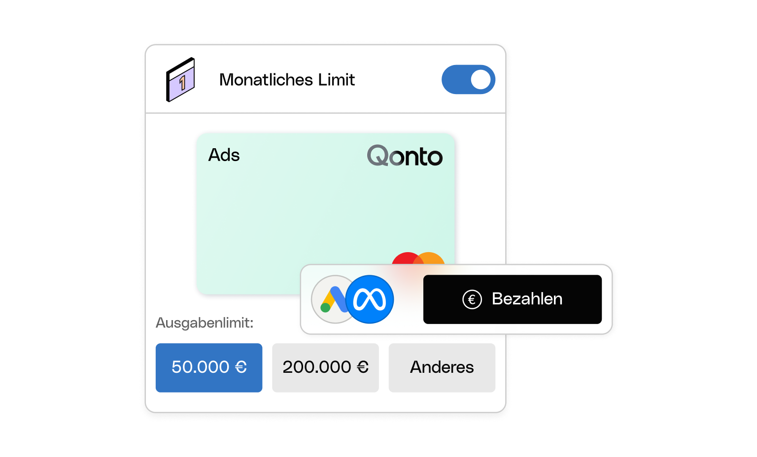 WEB UI Karten Bento AdsCard Limits GoogleAds Meta Zahlung