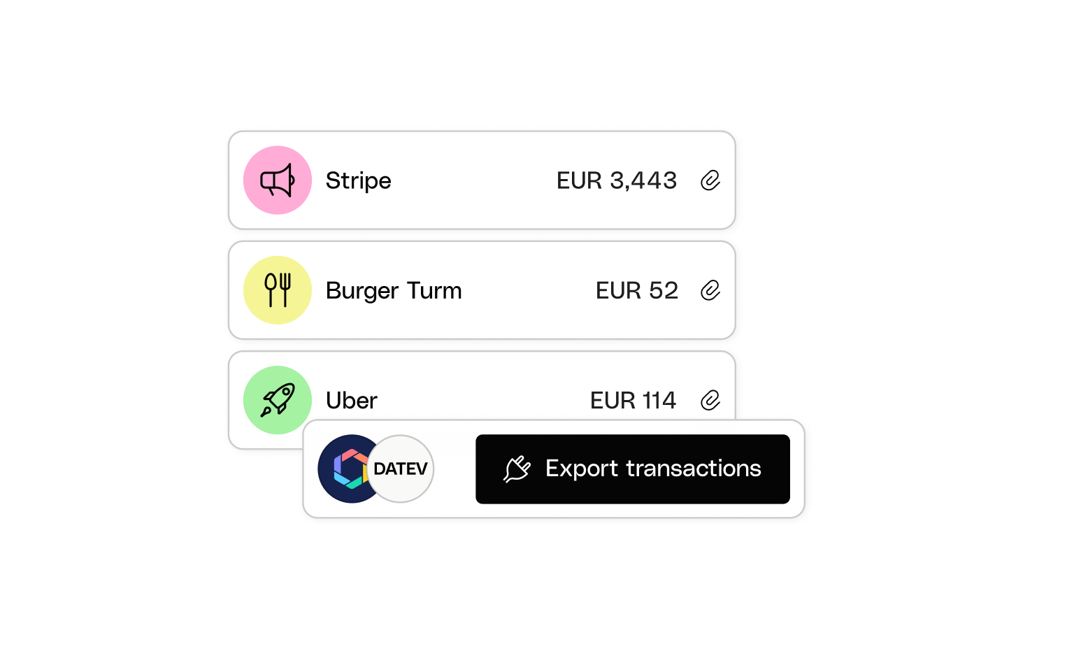 WEB ENDE UI Cards Bento Transactions Integrations Tiime DATEV