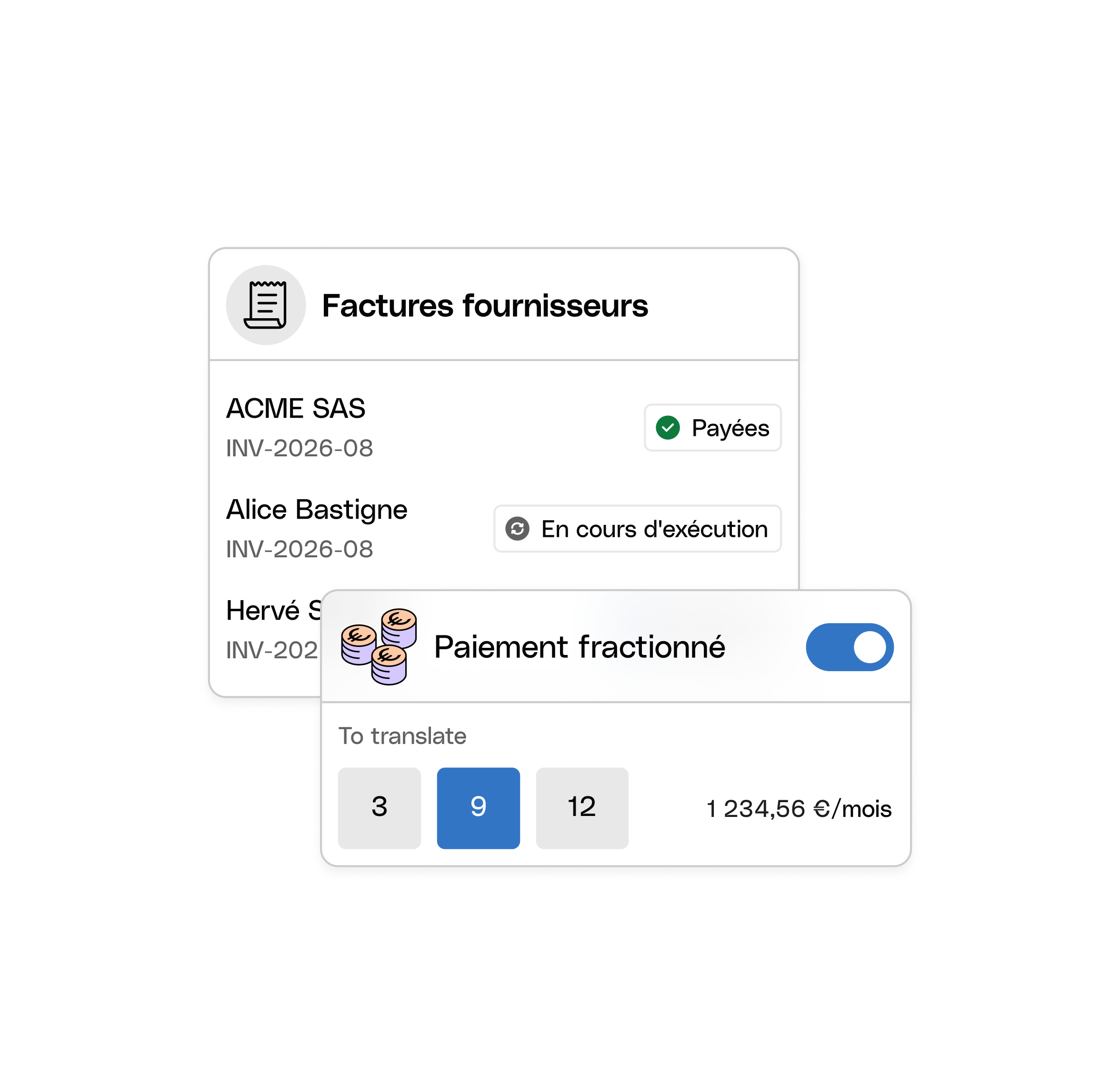 Héros de l'interface utilisateur WEB Sujet en surbrillance Facture fournisseur Bento Payer plus tard