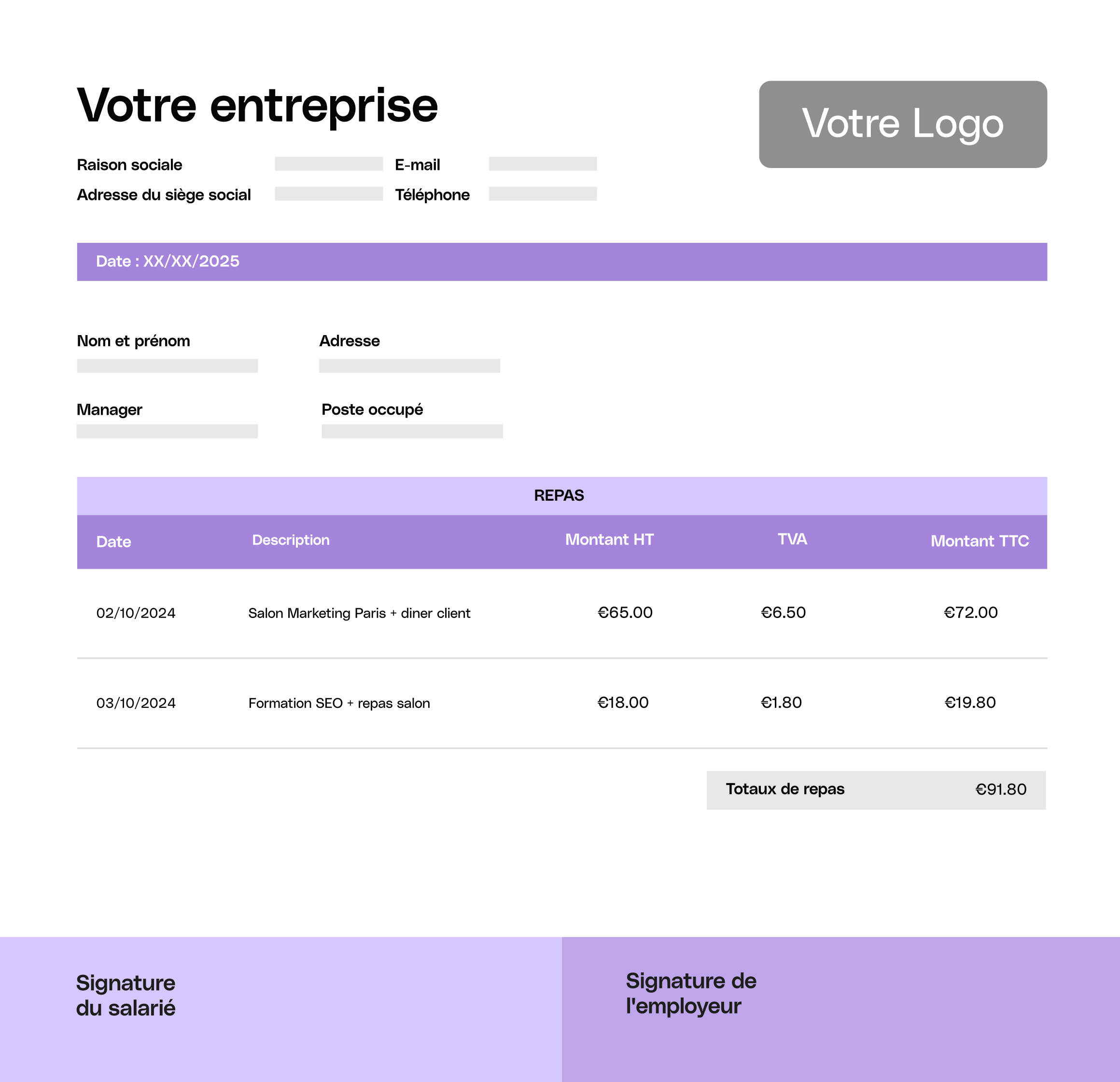 Modèle de note de restaurant mettant en valeur divers sujets de prune