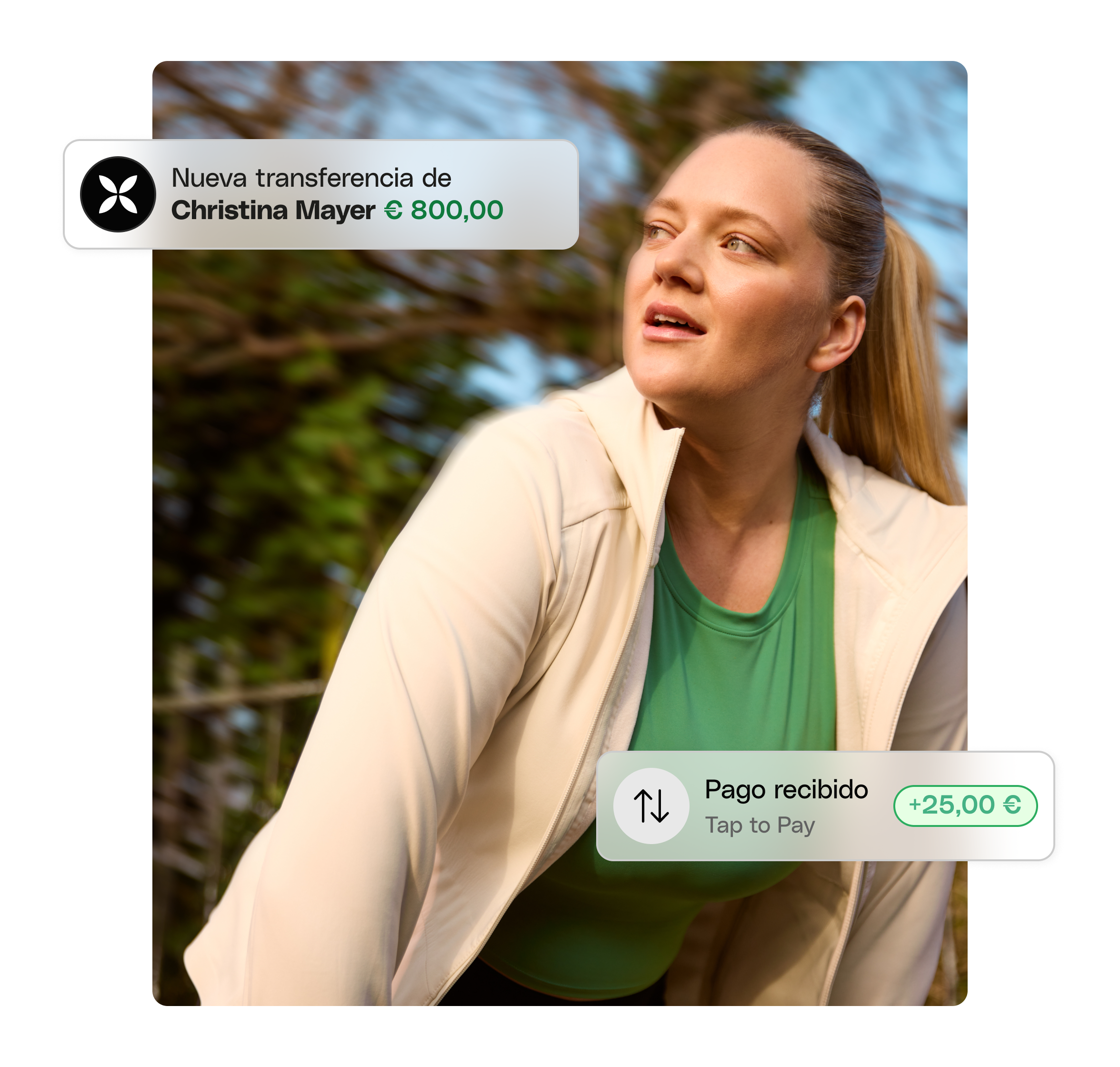 Interfaz web Foto Hero Tema Destacado Bento Mujer Afuera Corredor E01 E04