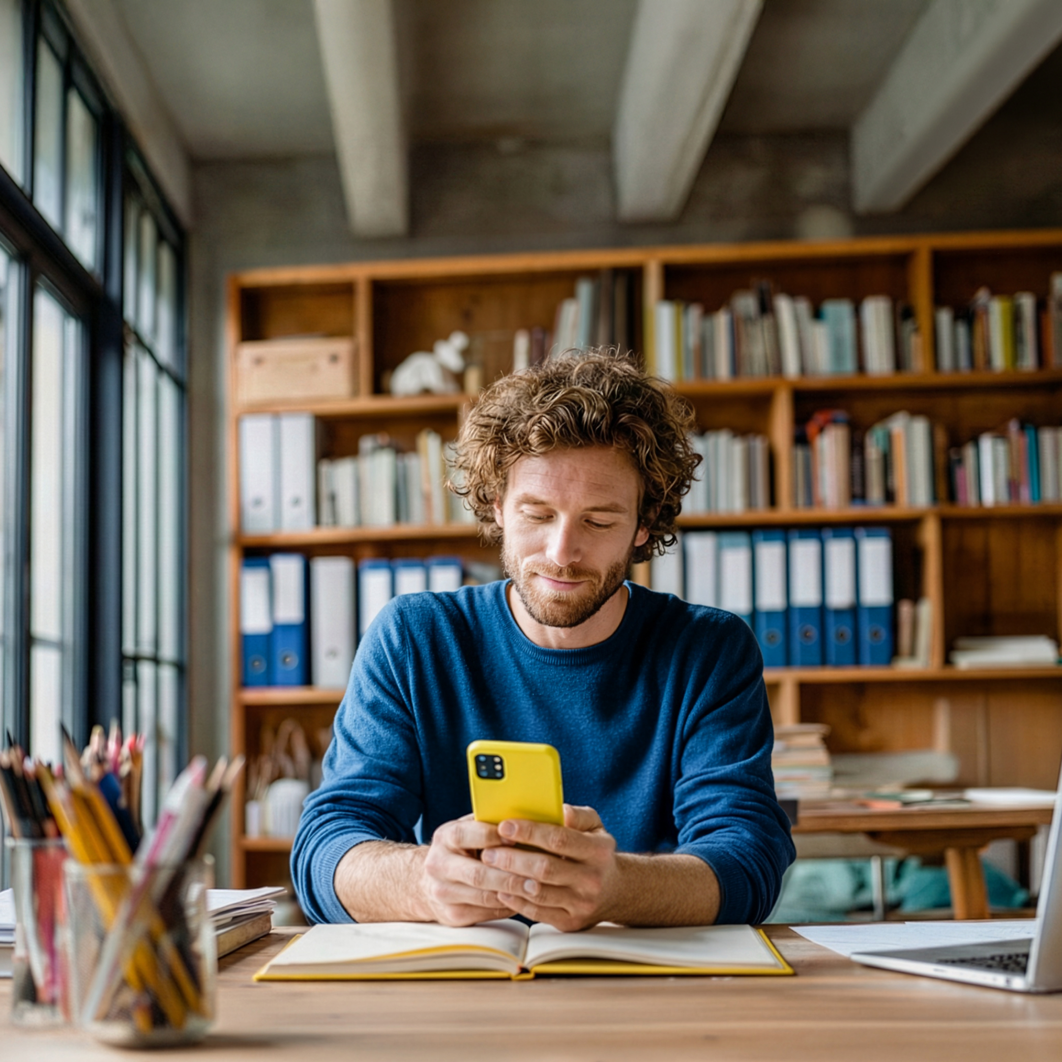 WEB BrandPhoto Hero TopicHighlight Bento Headline Cards Tiles Man Desk Phone WbRvmp