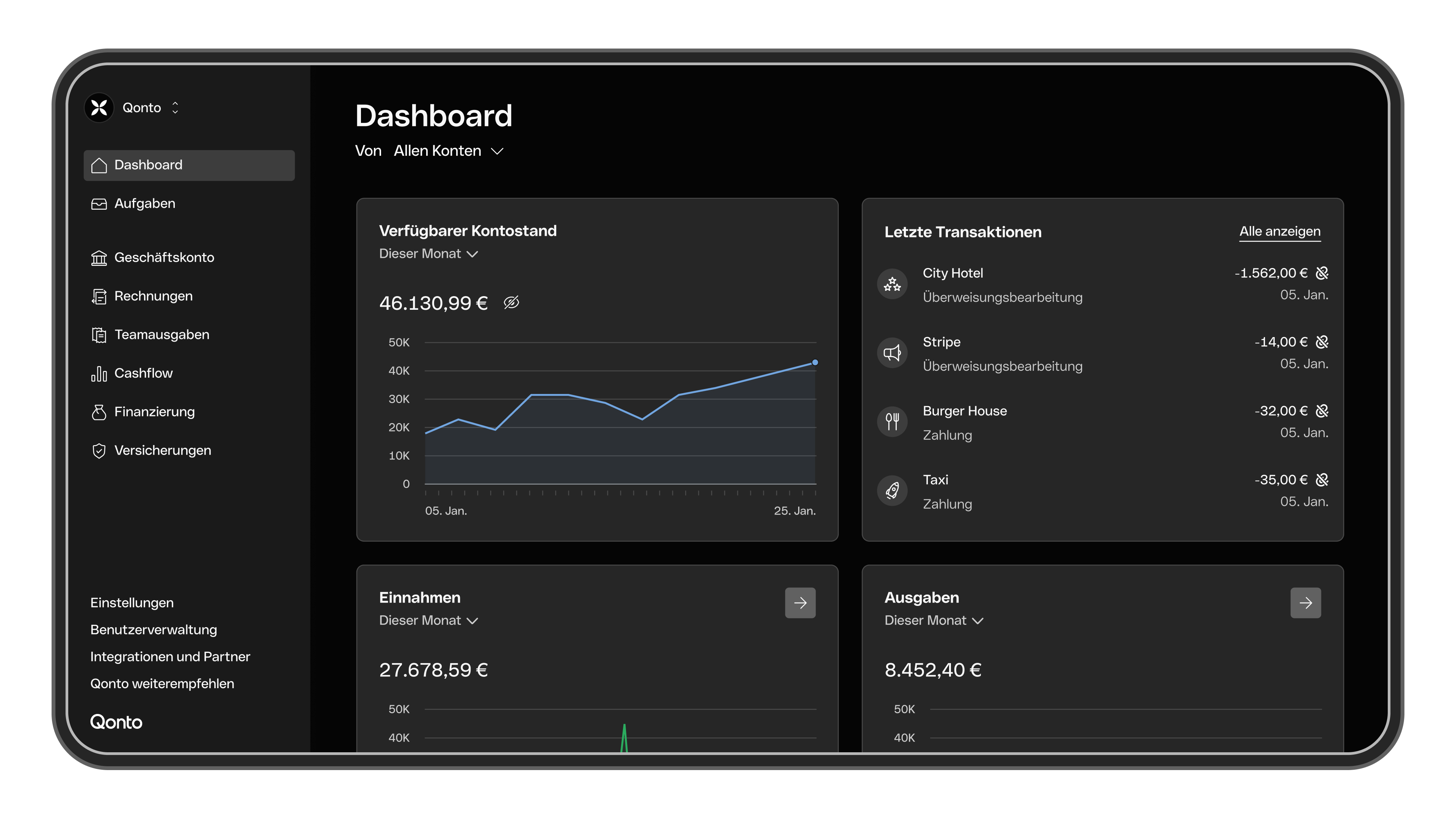 Startseite Dashboard Dunkelmodus