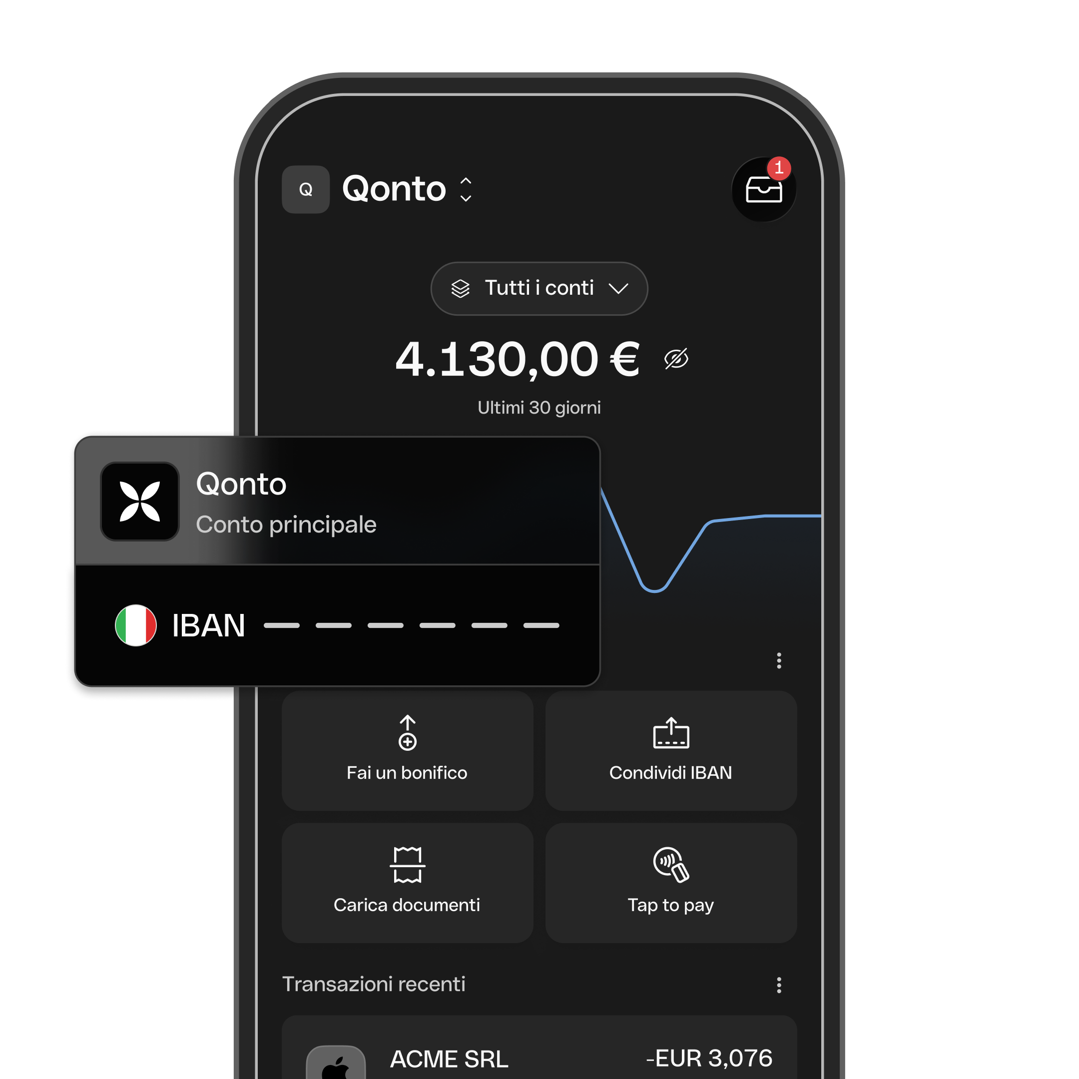 Conto aziendale Home IBAN Mobile DarkMode