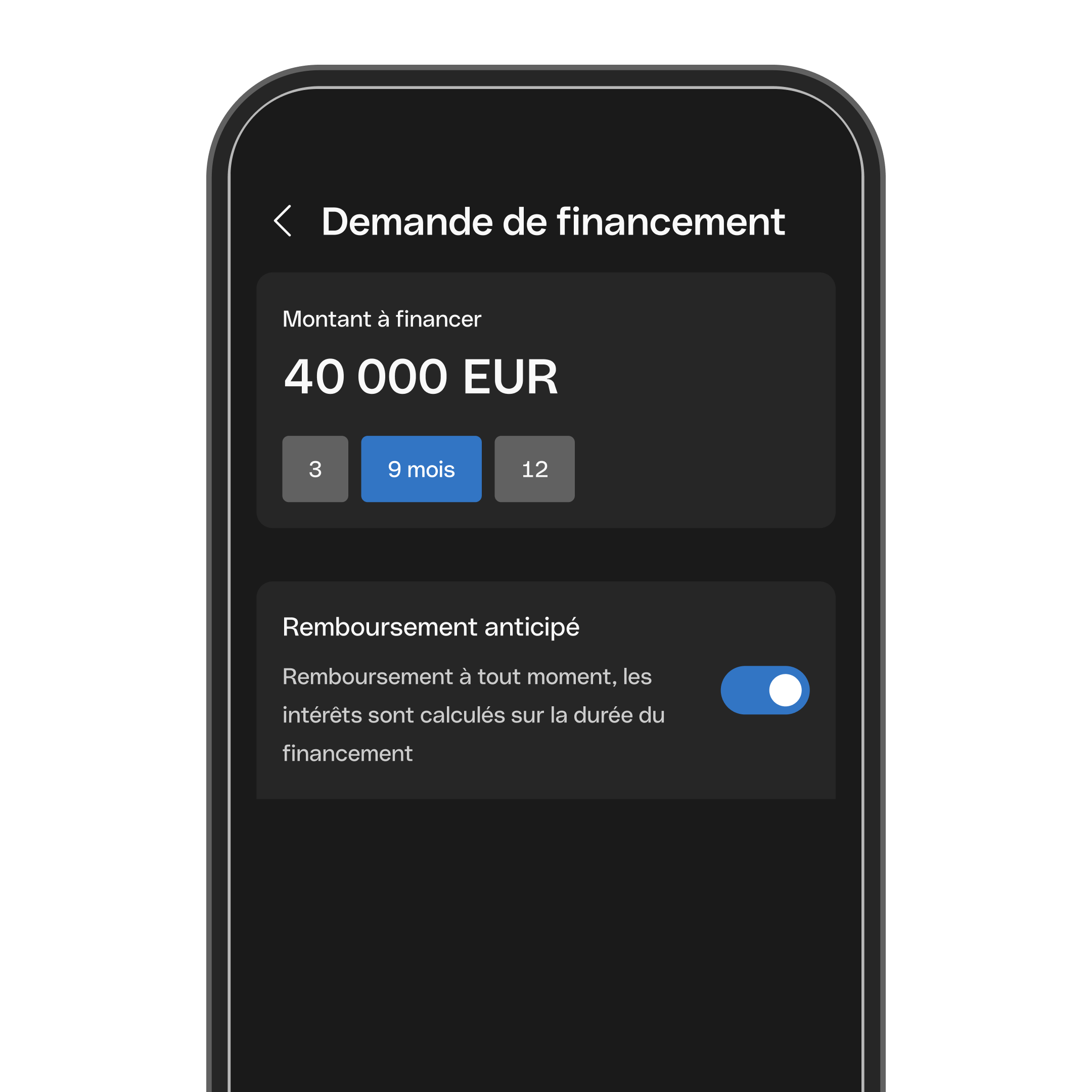 Interface utilisateur Web - Sujet principal - Bento - Cartes de titre - Simulation de financement - Mode sombre - WbRvmp