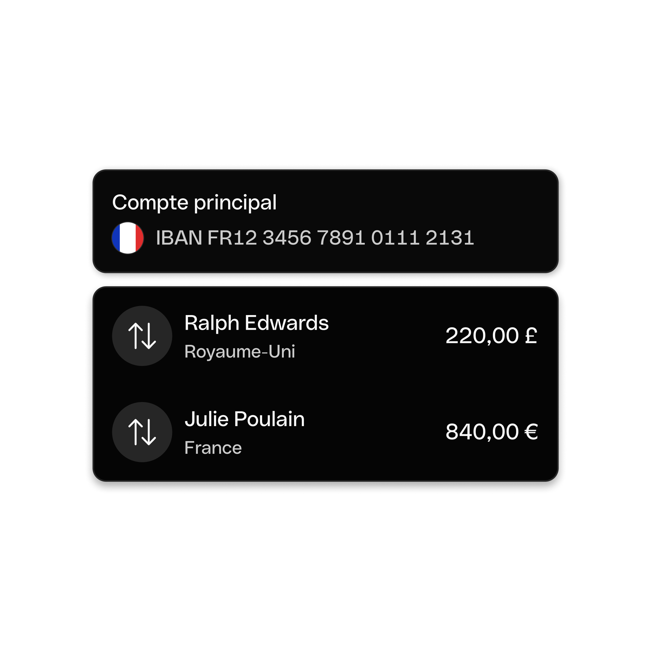 Interface utilisateur Web : Sujet principal, Bento, Titre, Cartes, IBAN, Virements, Paiements, Page d'accueil, Mode sombre, WbRvmp