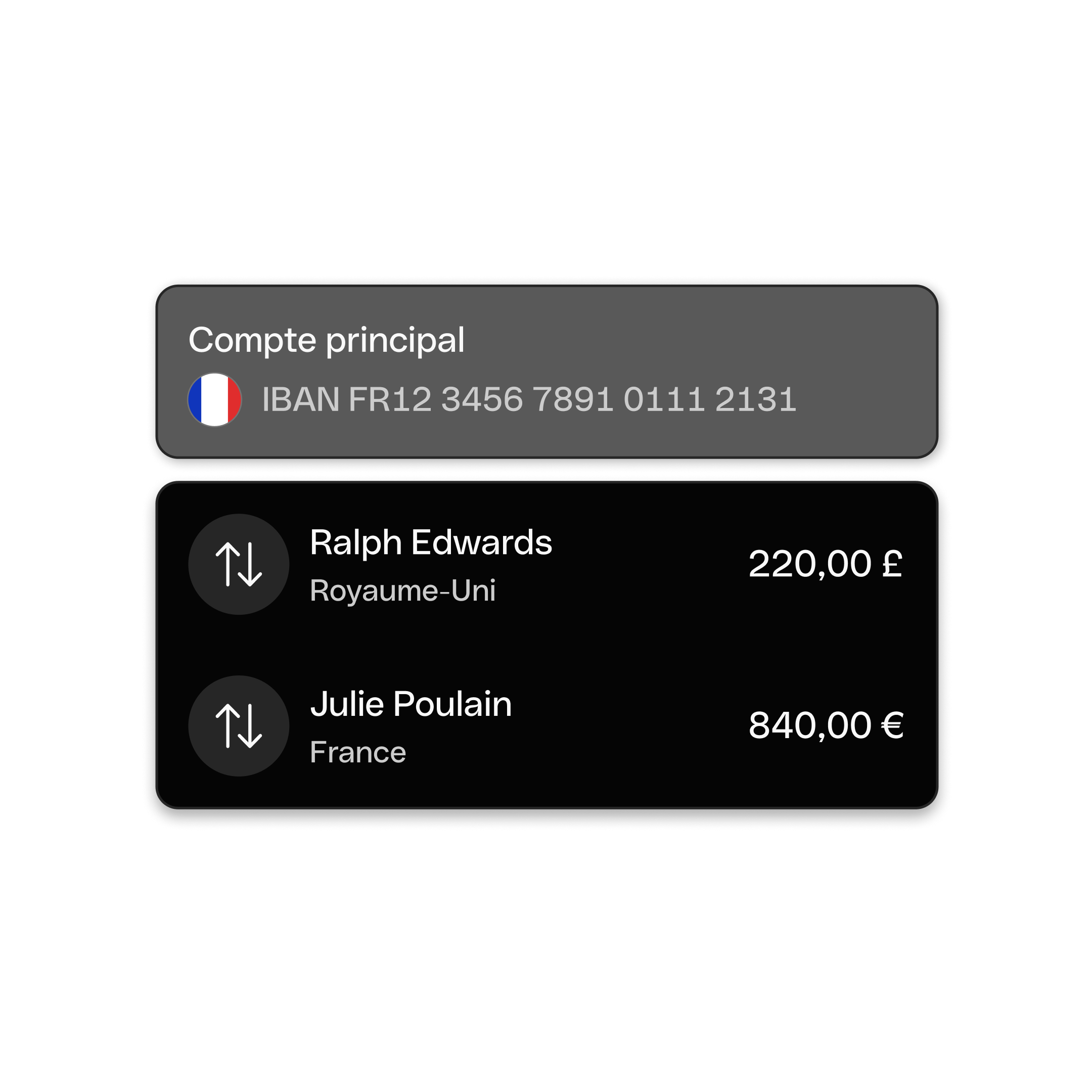 Interface utilisateur Web : Sujet principal, Bento, Titre, Cartes, IBAN, Virements, Paiements, Page d'accueil, Mode sombre, WbRvmp