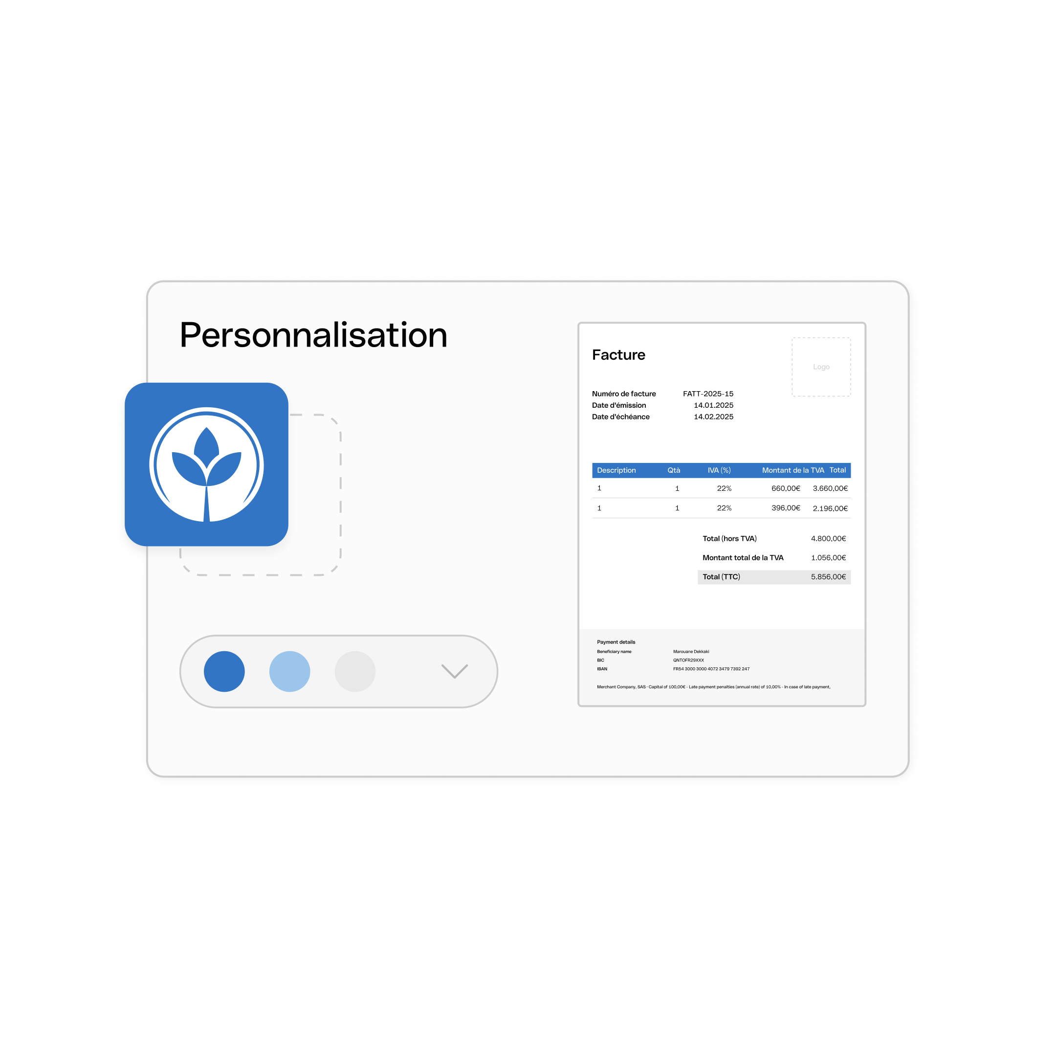 Interface utilisateur Web : Sujet principal, En-tête Bento, Cartes, Personnalisation des factures, WbRvmp