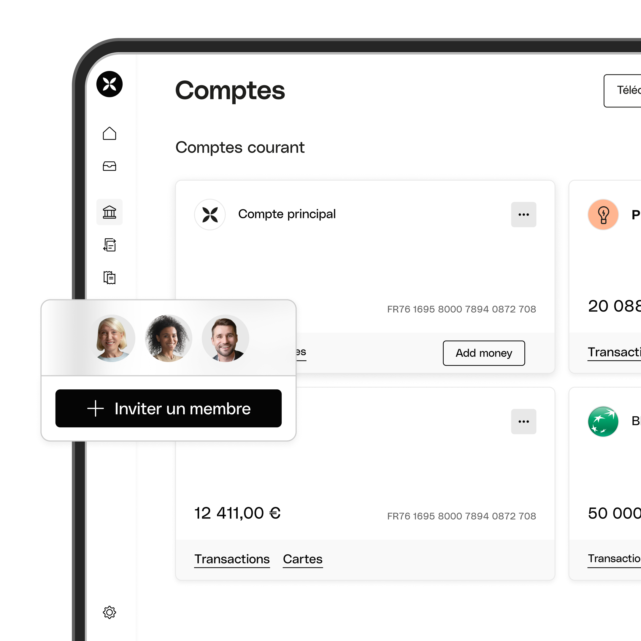 Interface utilisateur Web : Sujet principal, Titre Bento, Transactions, Comptes multiples, WbRvmp