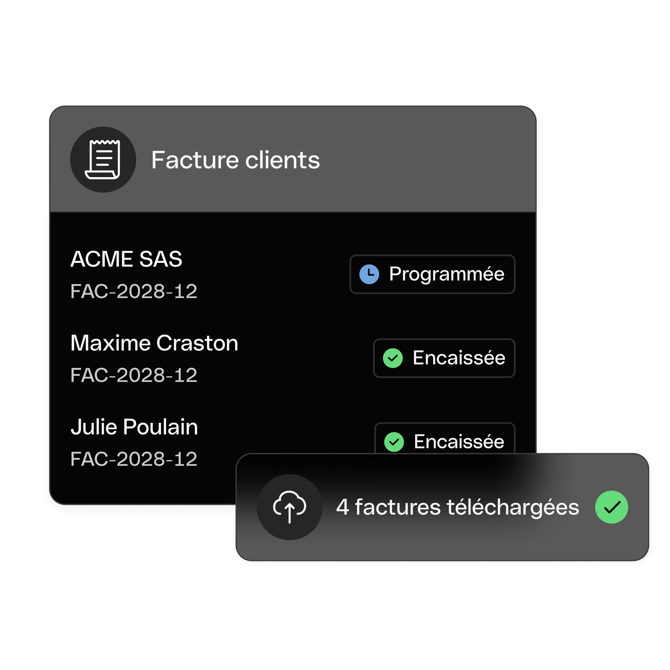 Interface utilisateur Web : Sujet principal, En-tête Bento, Cartes, Facturation, Téléchargement de facture, Mode sombre, WbRvmp