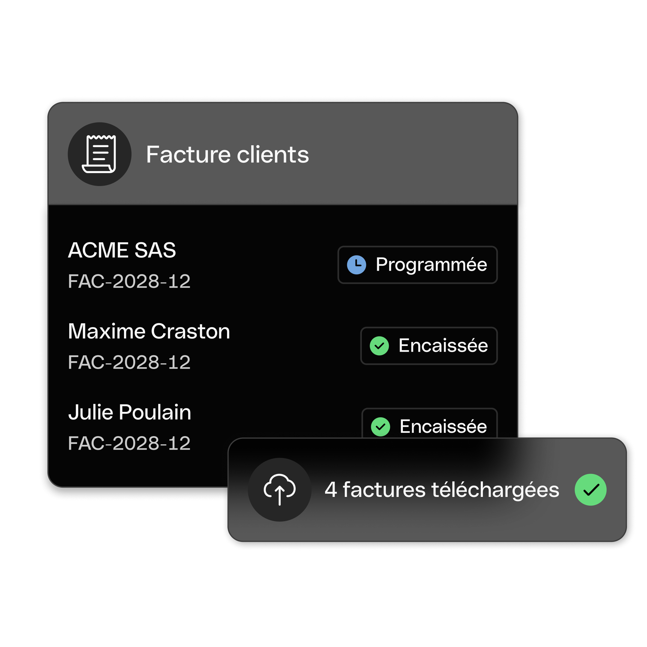 Interface utilisateur Web : Sujet principal, En-tête Bento, Cartes, Facturation, Téléchargement de facture, Mode sombre, WbRvmp