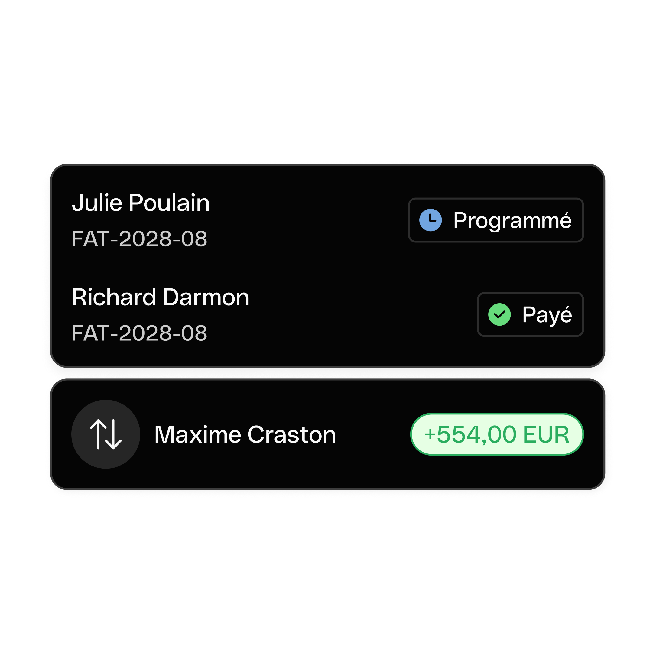 Interface utilisateur Web : Sujet principal, Bento, Titre, Cartes, Facturation, Transfert, Mode sombre, WbRvmp