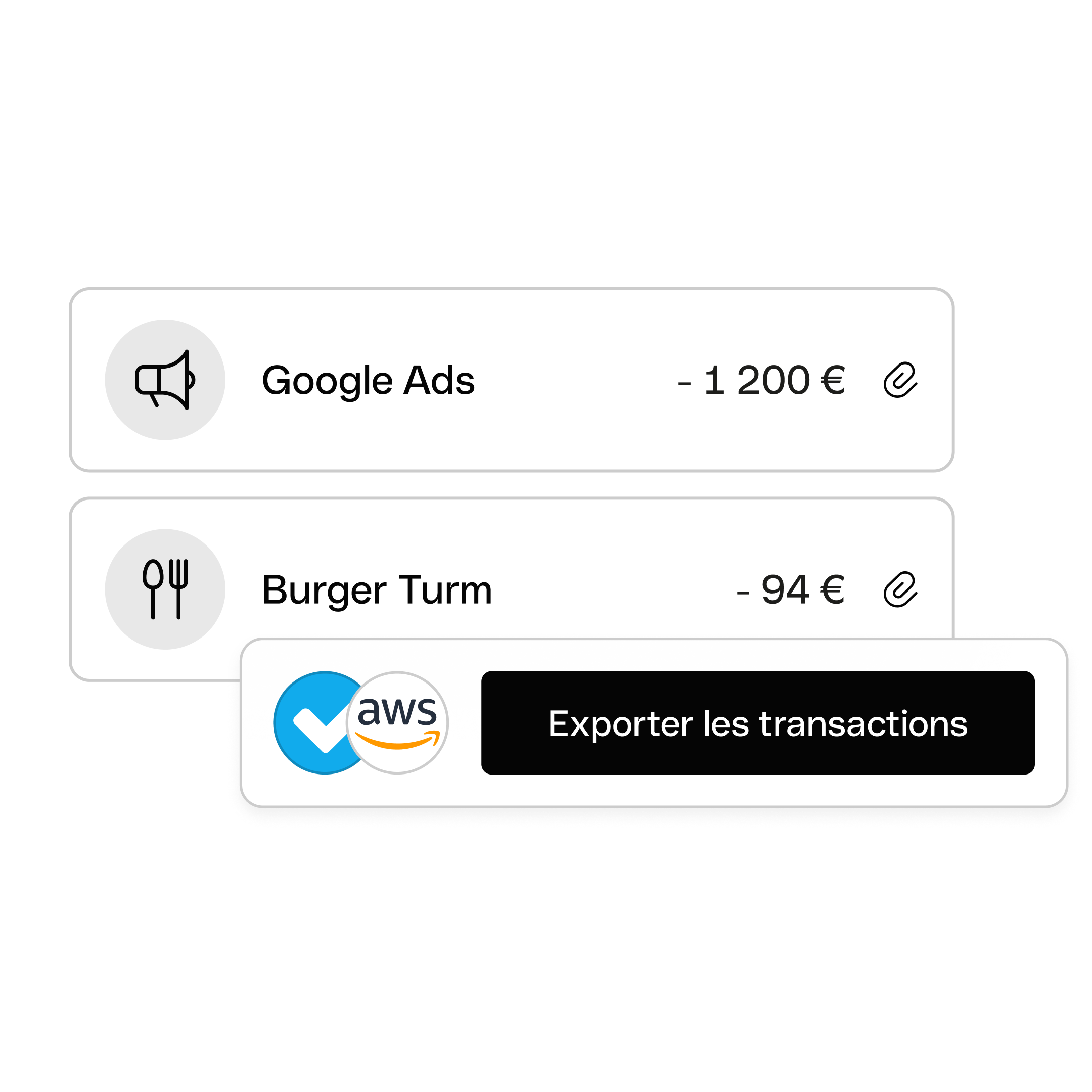 Interface utilisateur Web : Sujet principal, Fiches Bento, Exportation des transactions, Intégrations, AWS, Dougs, WbRvmp