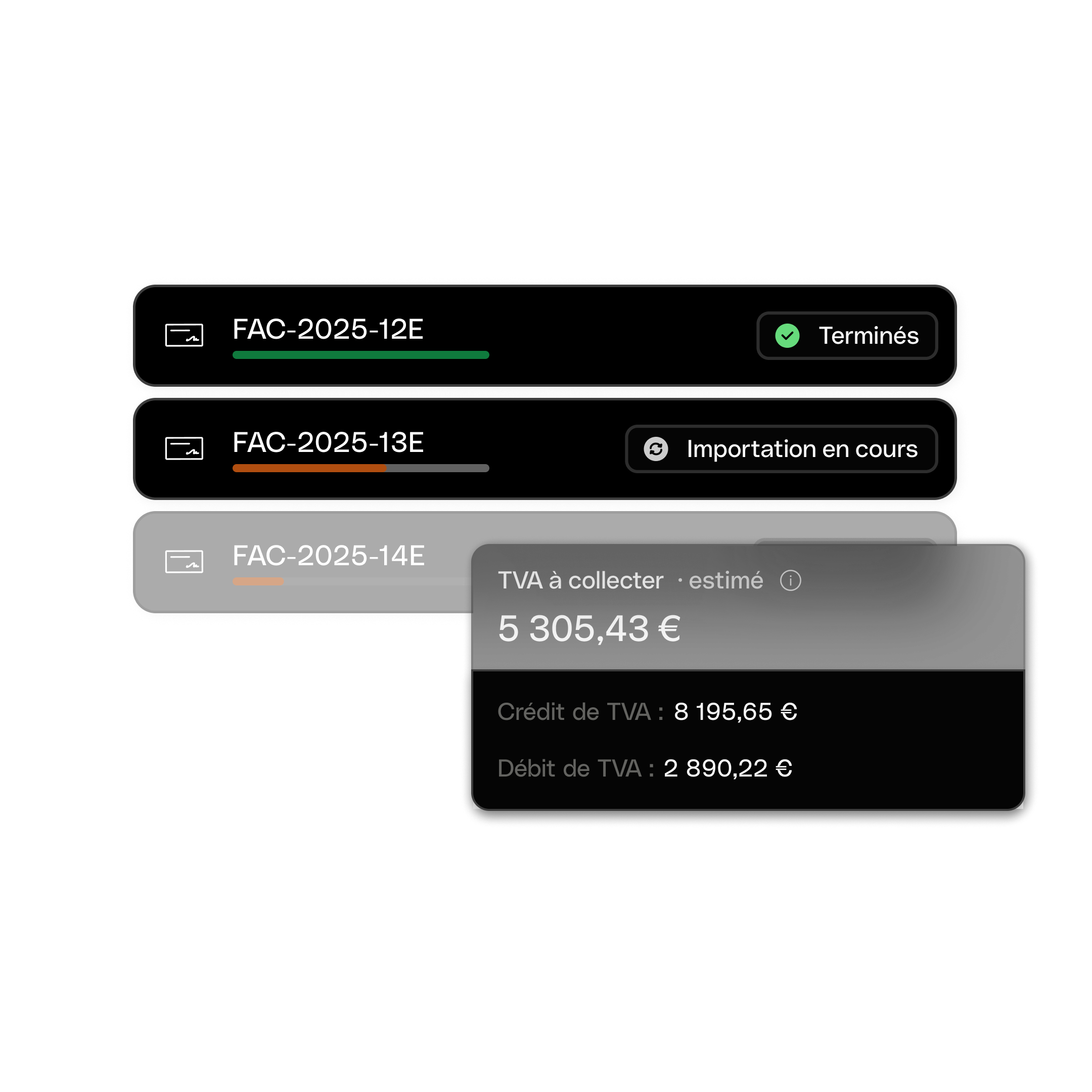 Interface utilisateur Web - Sujet principal - Titre Bento - Flux de trésorerie - TVA - Mode sombre