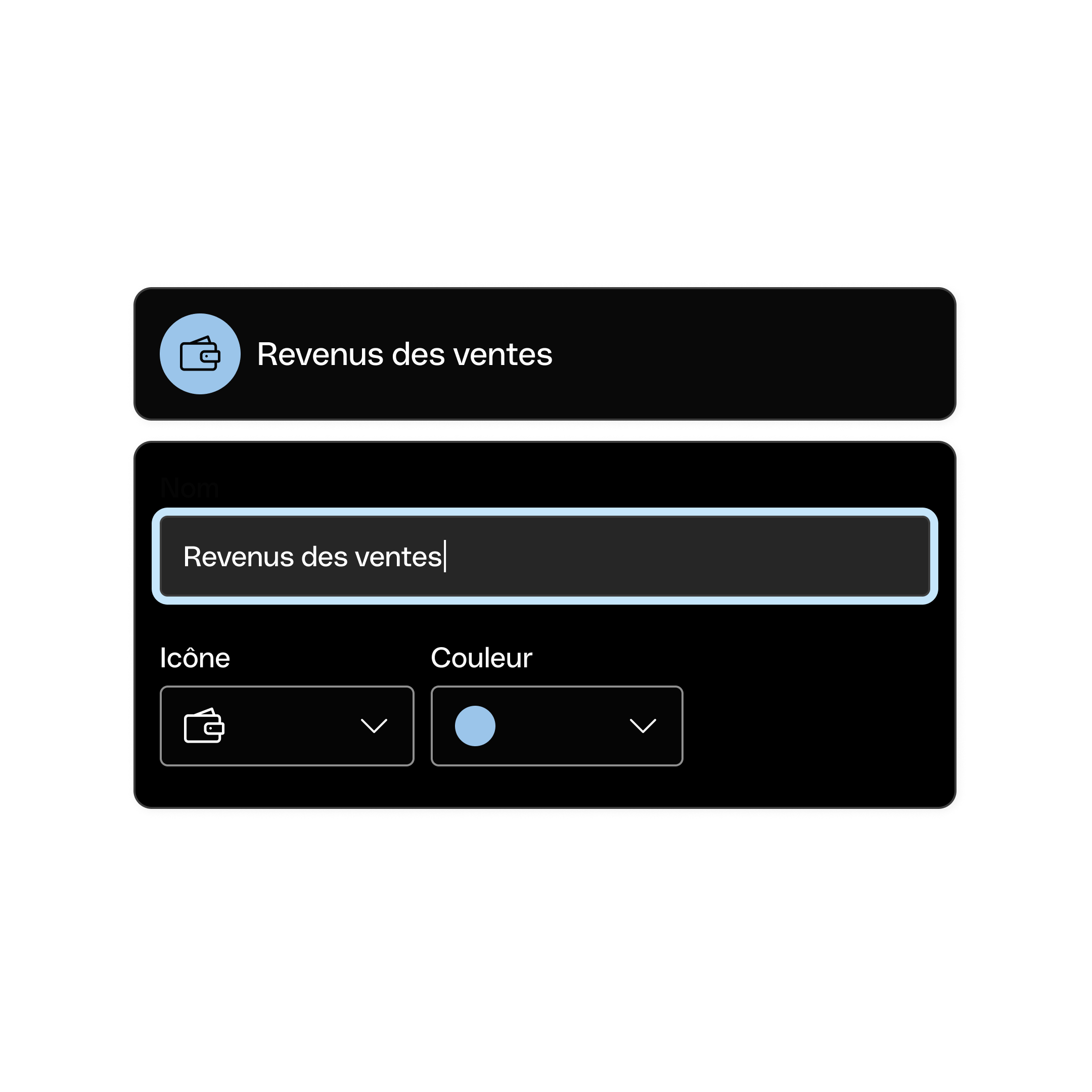 Interface utilisateur Web - Sujet principal - En vedette - Bento - Cartes de titre - Catégories de flux de trésorerie - Mode sombre